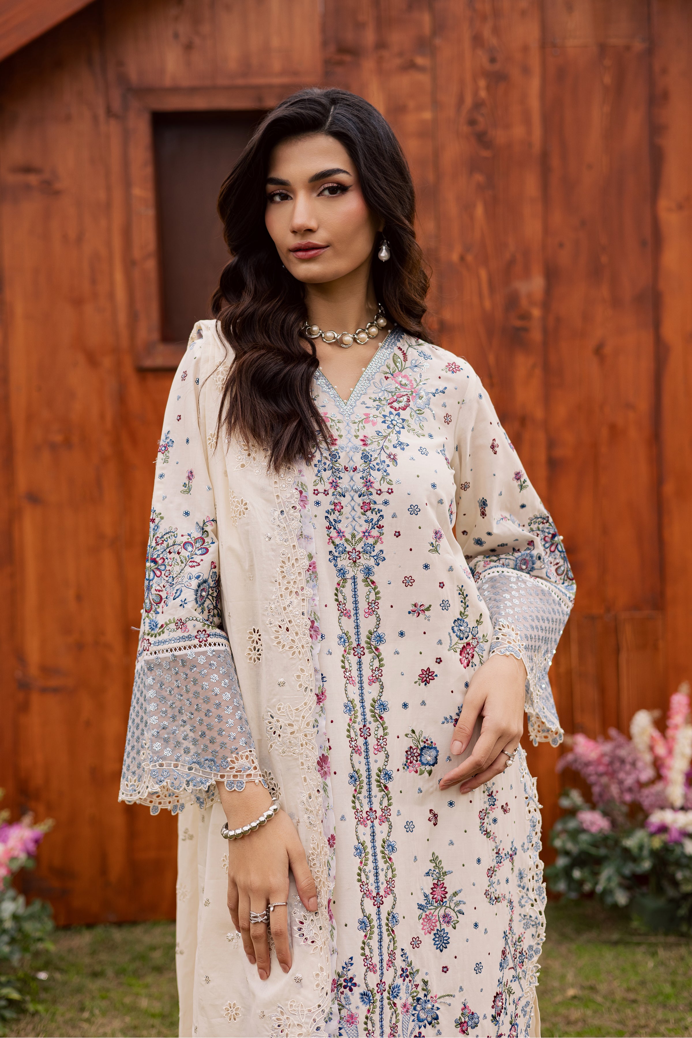 Ela Noor 3Pc - Festive Embroidered Lawn BATIKEID2026 BATIK XS / White Swan / Pima Lawn-S / White Swan / Pima Lawn-M / White Swan / Pima Lawn-L / White Swan / Pima Lawn-XL / White Swan / Pima Lawn