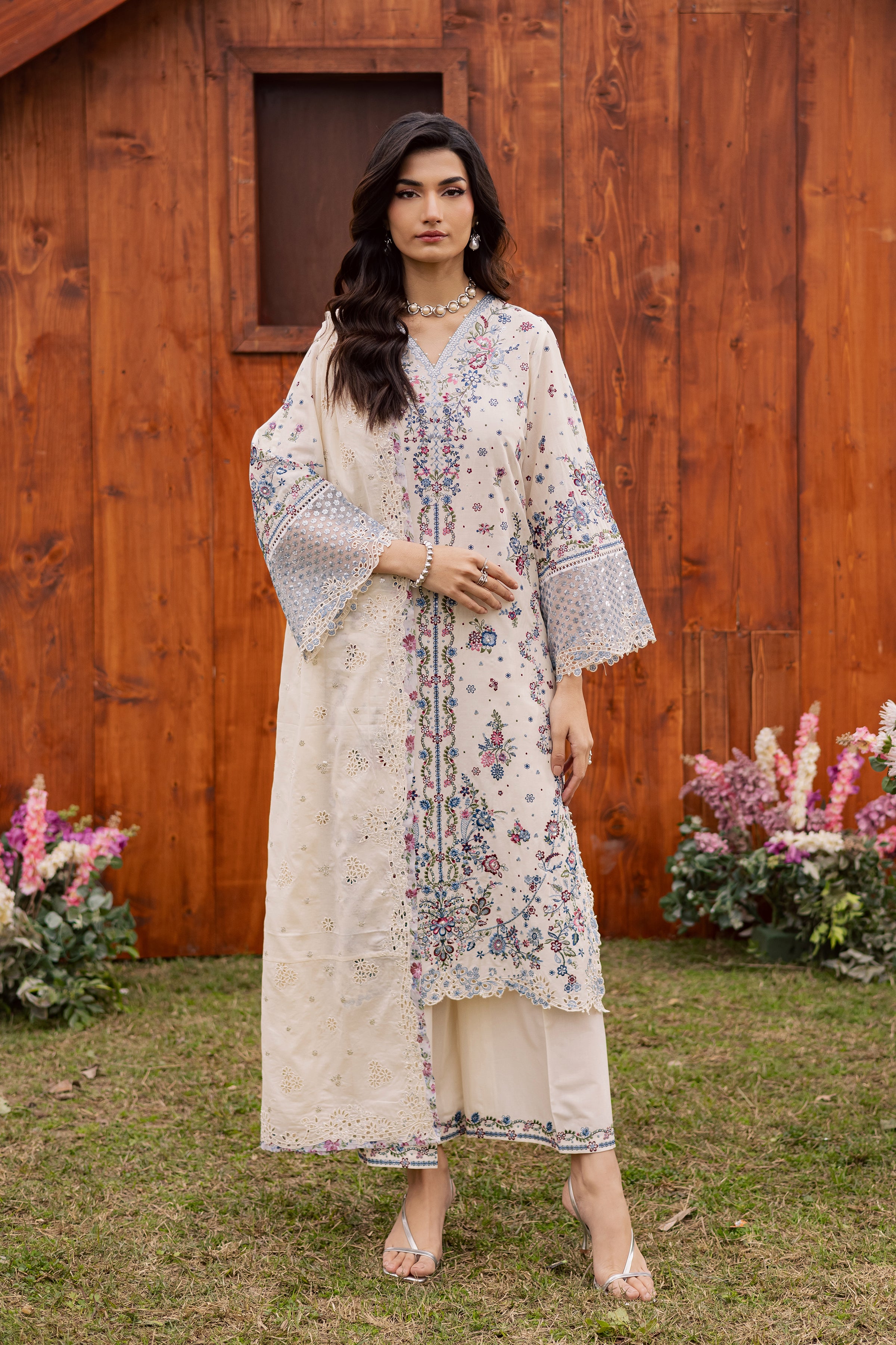 Ela Noor 3Pc - Festive Embroidered Lawn BATIKEID2026 BATIK XS / White Swan / Pima Lawn-S / White Swan / Pima Lawn-M / White Swan / Pima Lawn-L / White Swan / Pima Lawn-XL / White Swan / Pima Lawn