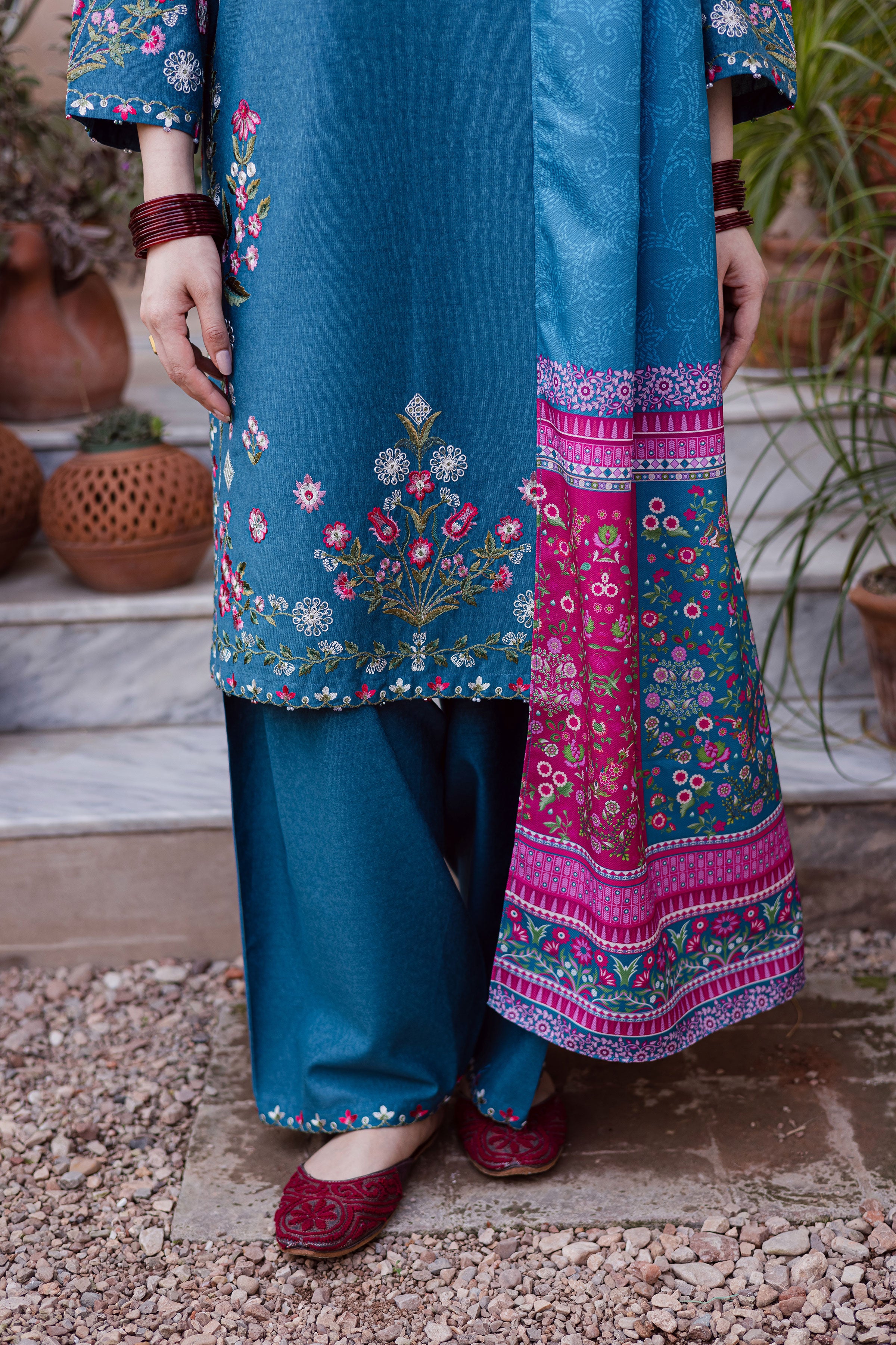 Elika 3Pc - Embroidered Karandi Dress BATIK WINTER PRET 2025 BATIK XS / Whale Blue / Karandi-S / Whale Blue / Karandi-M / Whale Blue / Karandi-L / Whale Blue / Karandi-XL / Whale Blue / Karandi