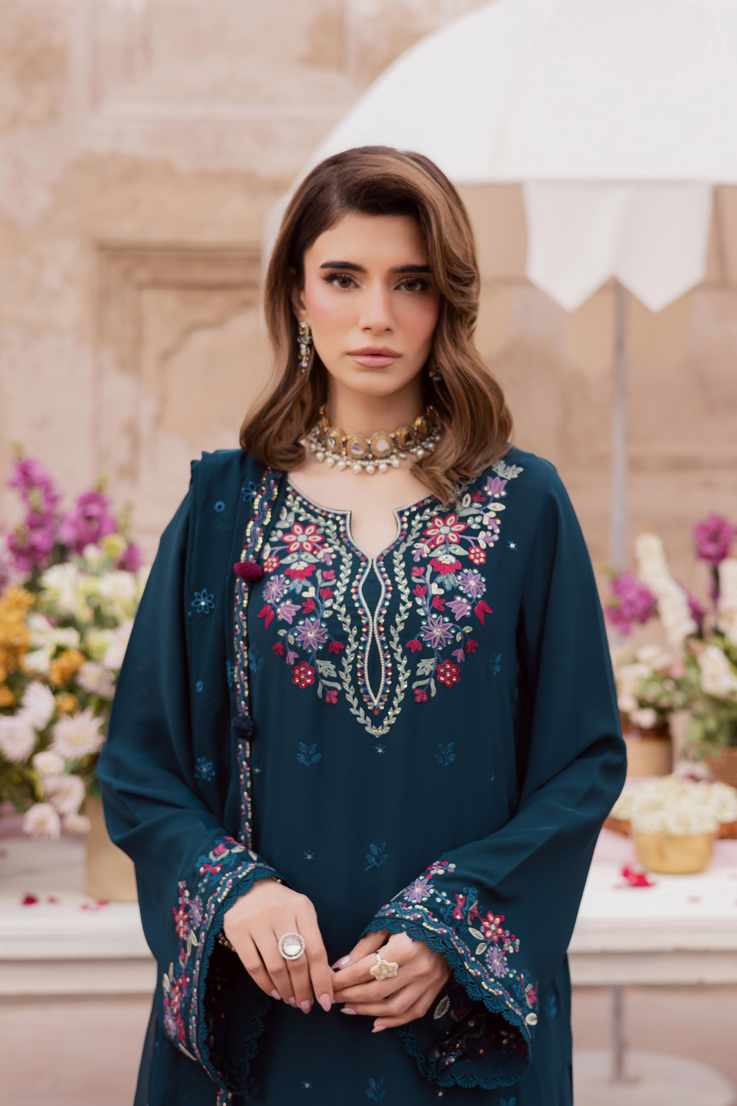 Elodia 3Pc - Festive Luxe Pret BATIKSTUDIO2025 BATIK S / Teal / Georgette-M / Teal / Georgette-L / Teal / Georgette