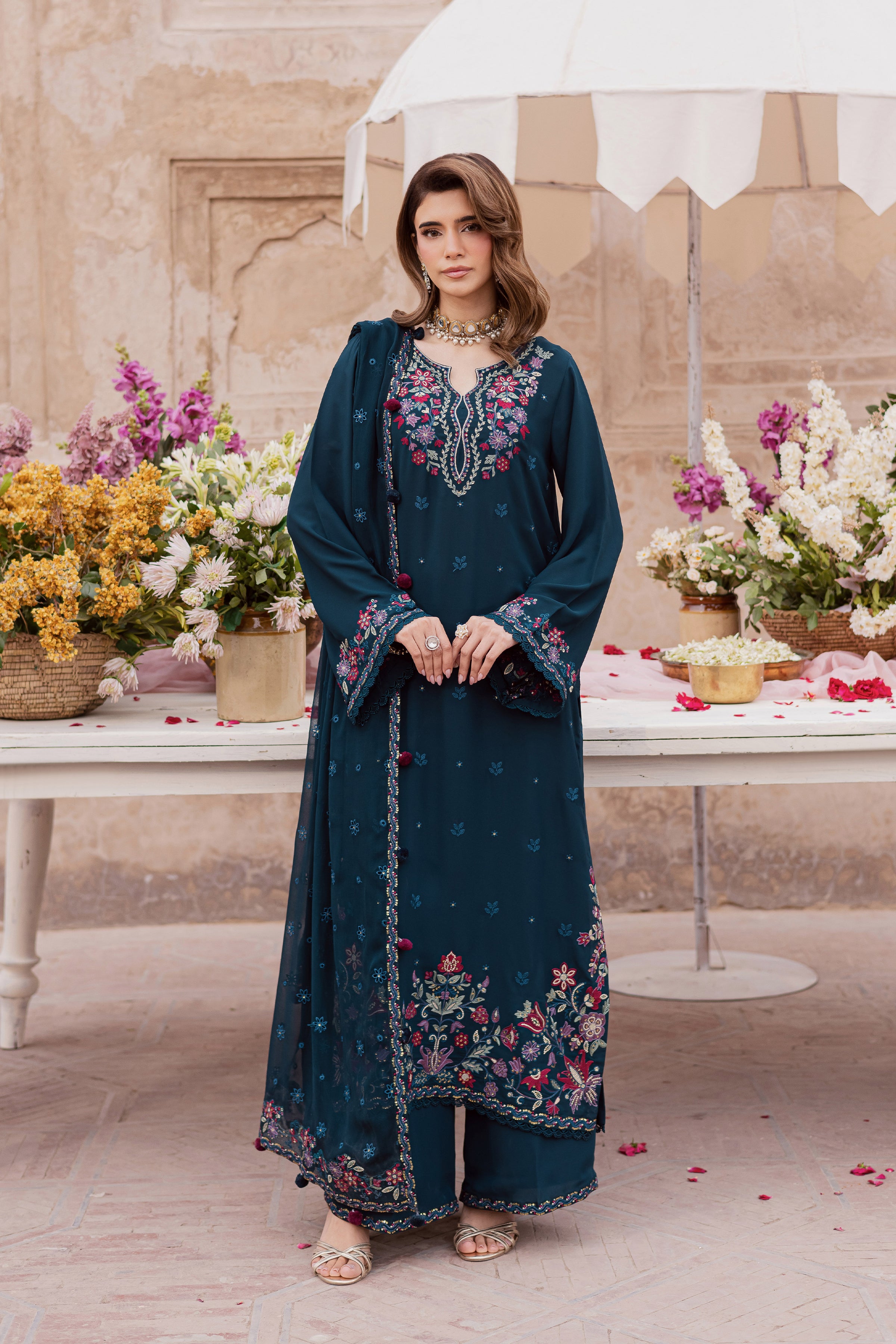 Elodia 3Pc - Festive Luxe Pret BATIKSTUDIO2025 BATIK S / Teal / Georgette-M / Teal / Georgette-L / Teal / Georgette