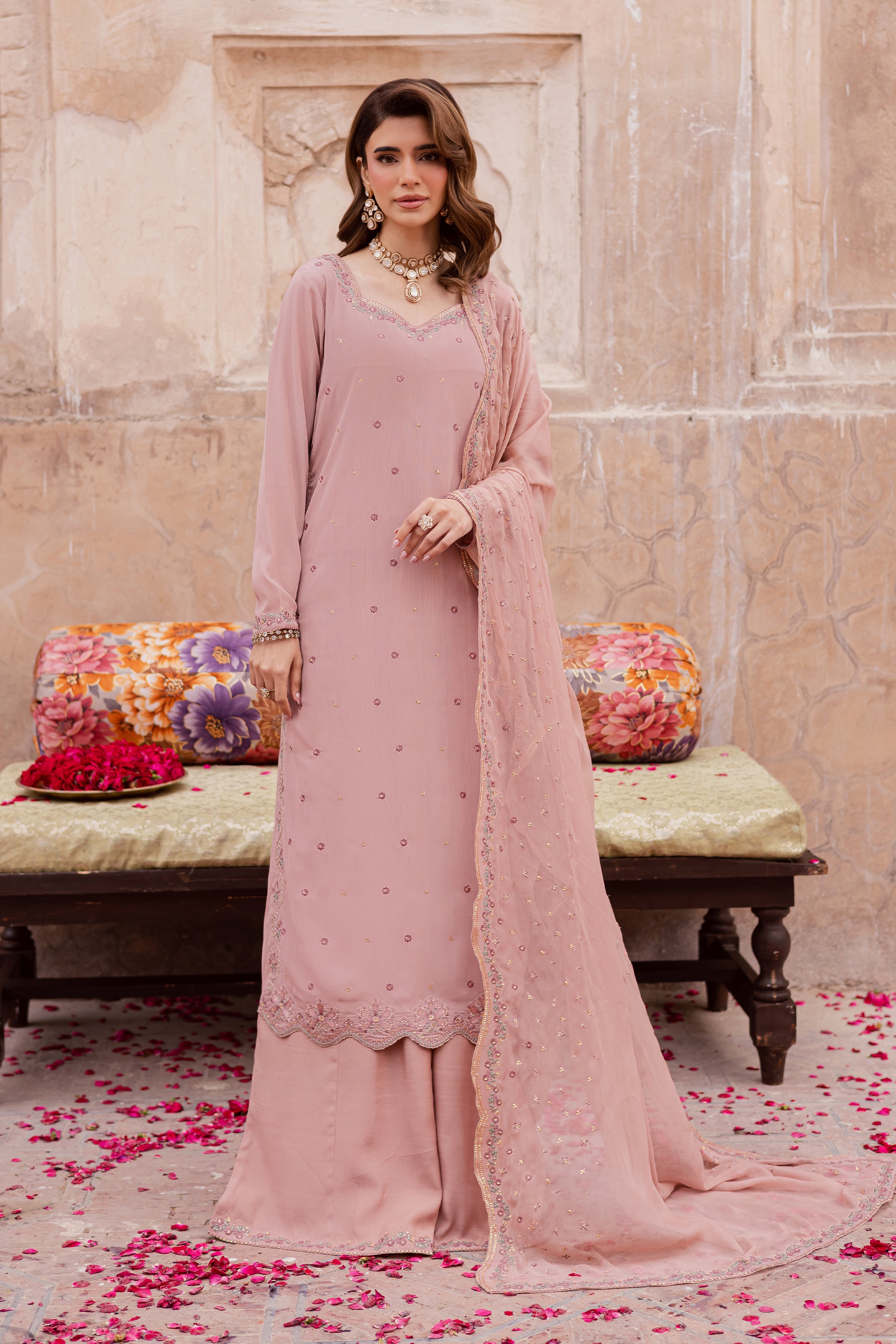 Elvira 3Pc - Festive Luxe Pret BATIKSTUDIO2025 BATIK S / Powder Pink / Zari Crinkle-M / Powder Pink / Zari Crinkle-L / Powder Pink / Zari Crinkle