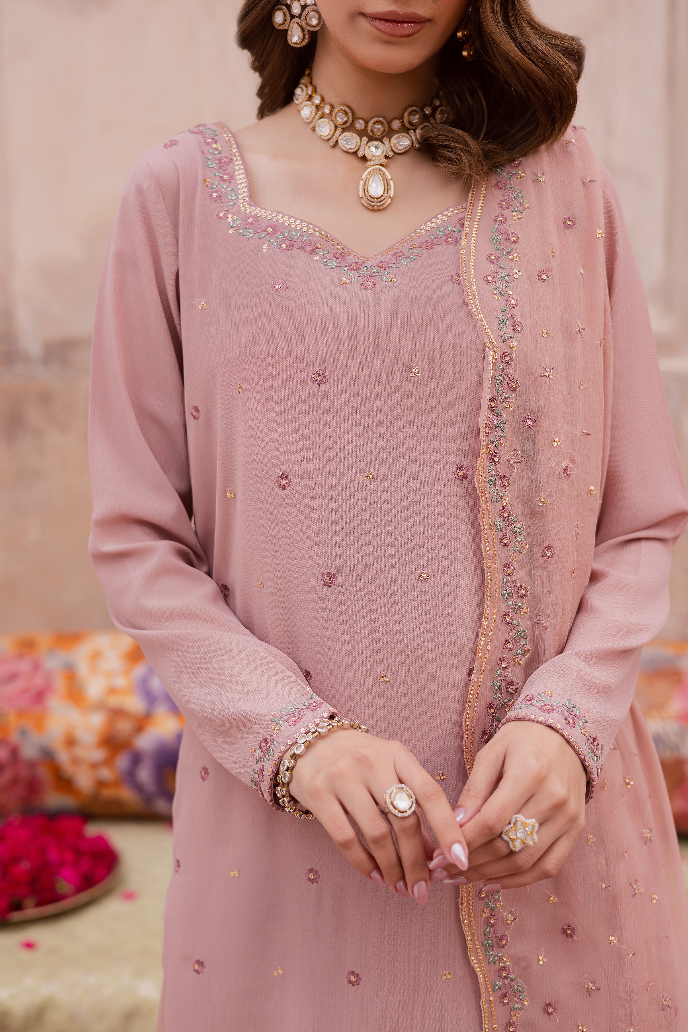 Elvira 3Pc - Festive Luxe Pret BATIKSTUDIO2025 BATIK S / Powder Pink / Zari Crinkle-M / Powder Pink / Zari Crinkle-L / Powder Pink / Zari Crinkle