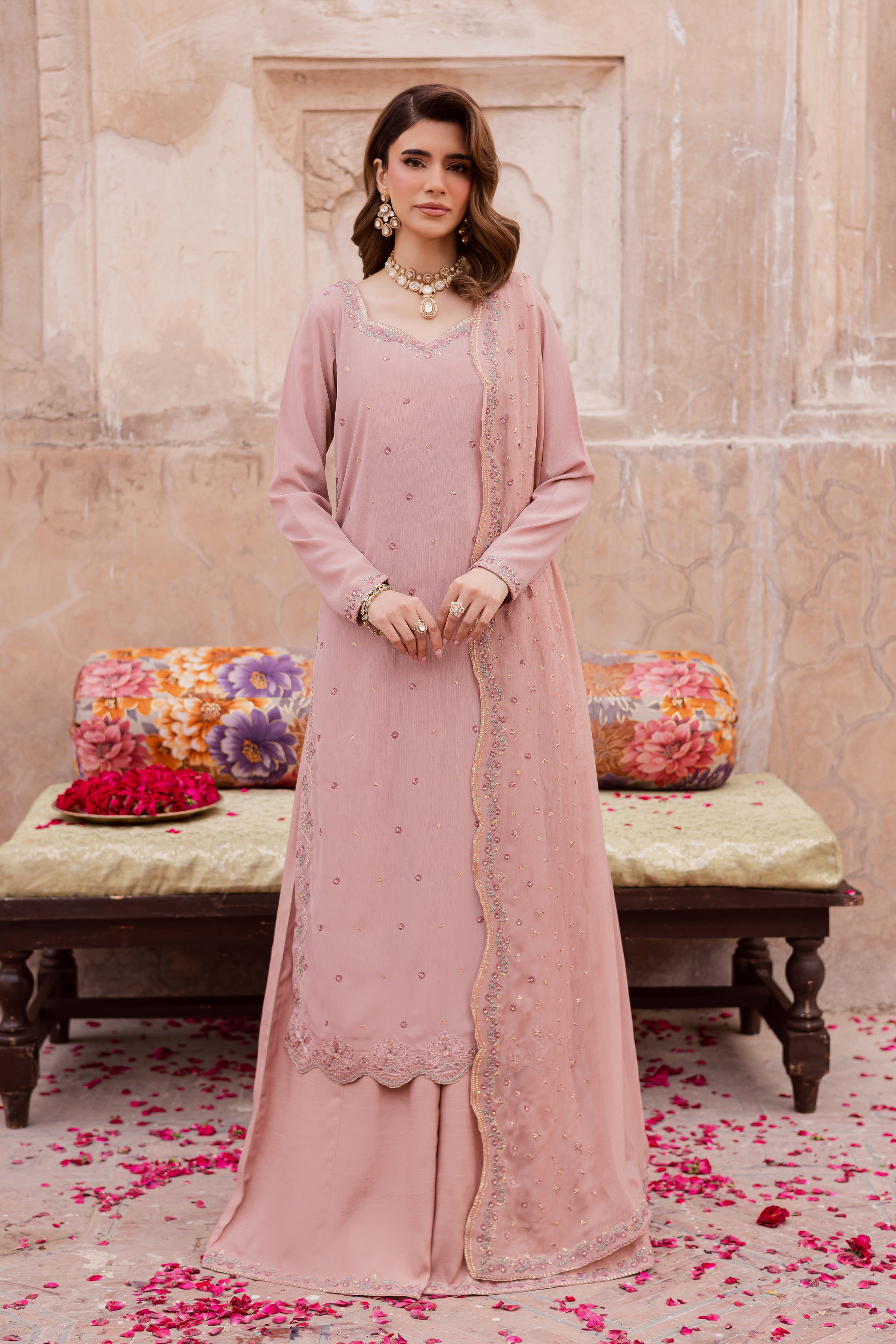 Elvira 3Pc - Festive Luxe Pret BATIKSTUDIO2025 BATIK S / Powder Pink / Zari Crinkle-M / Powder Pink / Zari Crinkle-L / Powder Pink / Zari Crinkle