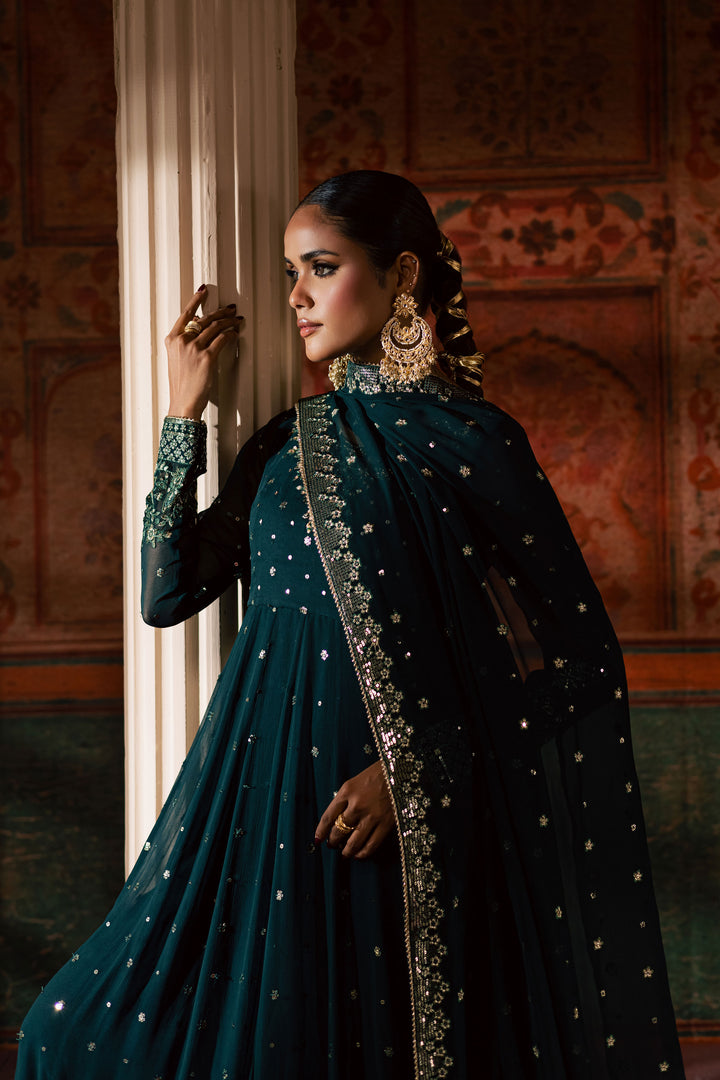 Emaline 3Pc - Chiffon Wedding Frock BATIKLuxePRET2025  BATIK   S / Bottle Green / Raw Silk & Chiffon-M / Bottle Green / Raw Silk & Chiffon-L / Bottle Green / Raw Silk & Chiffon