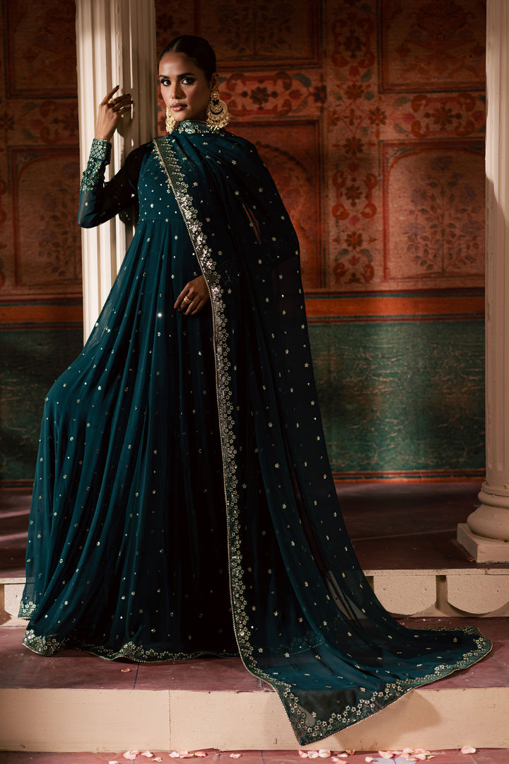 Emaline 3Pc - Chiffon Wedding Frock BATIKLuxePRET2025  BATIK   S / Bottle Green / Raw Silk & Chiffon-M / Bottle Green / Raw Silk & Chiffon-L / Bottle Green / Raw Silk & Chiffon