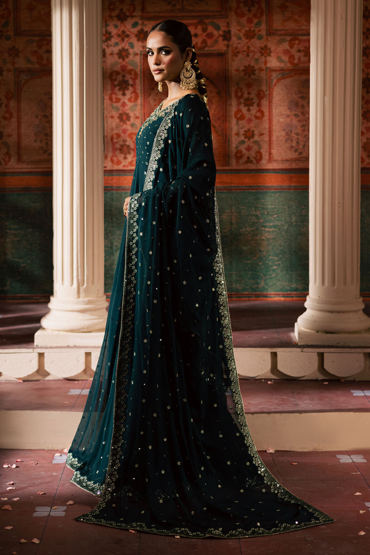 Emaline 3Pc - Chiffon Wedding Frock BATIKLuxePRET2025  BATIK   S / Bottle Green / Raw Silk & Chiffon-M / Bottle Green / Raw Silk & Chiffon-L / Bottle Green / Raw Silk & Chiffon