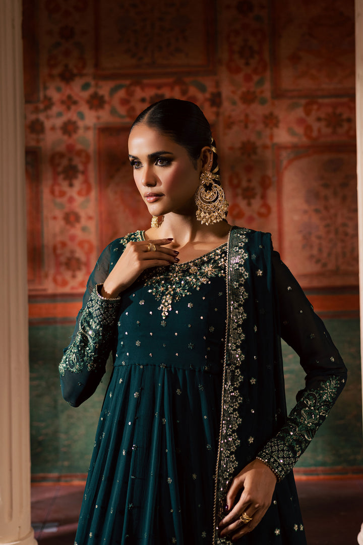 Emaline 3Pc - Chiffon Wedding Frock BATIKLuxePRET2025  BATIK   S / Bottle Green / Raw Silk & Chiffon-M / Bottle Green / Raw Silk & Chiffon-L / Bottle Green / Raw Silk & Chiffon