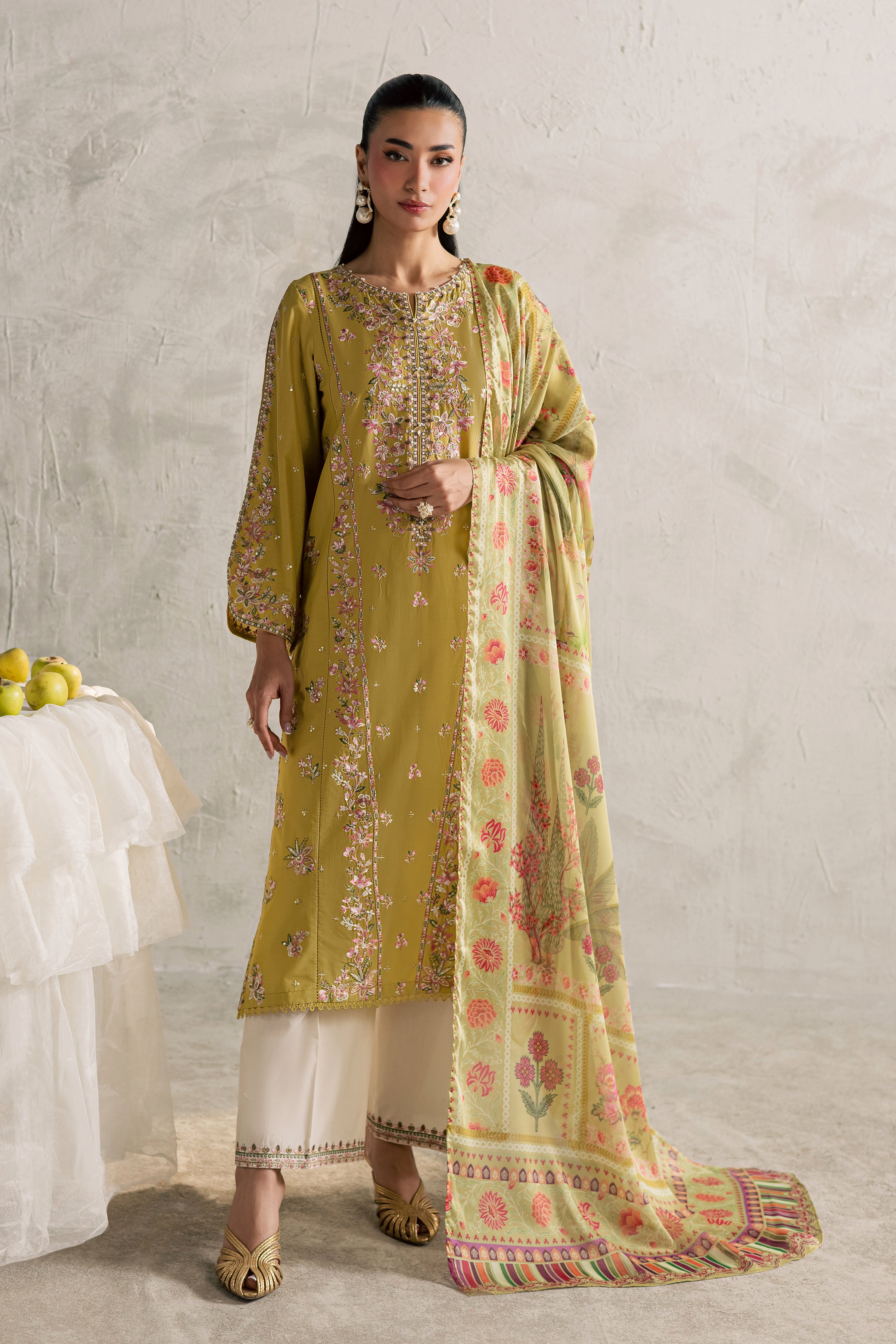 Essence 3Pc - Festive Embroidered Lawn BATIKEID2026 BATIK XS / Lime green / Pima Lawn-S / Lime green / Pima Lawn-M / Lime green / Pima Lawn-L / Lime green / Pima Lawn-XL / Lime green / Pima Lawn