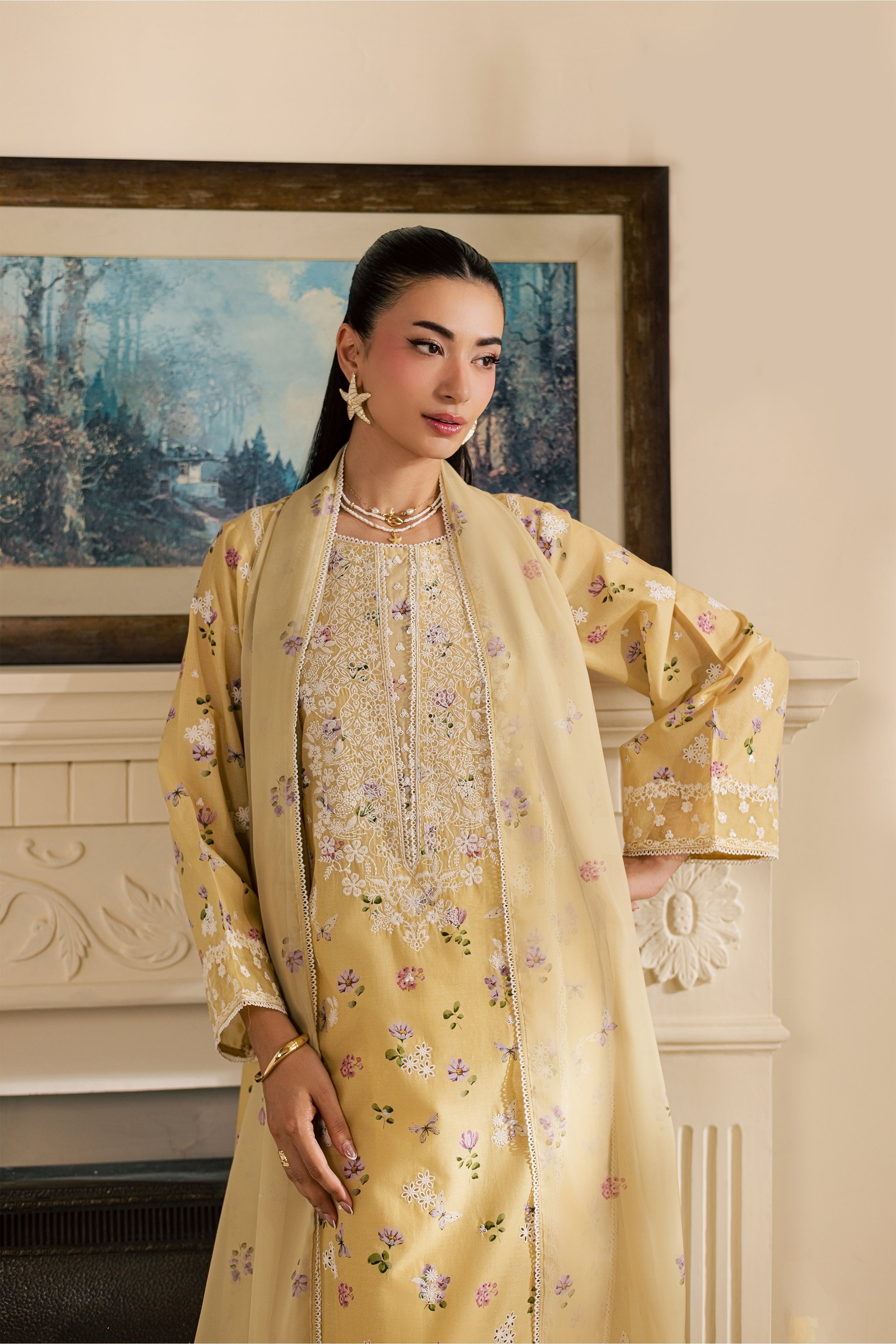 Eyrna 3Pc - Luxury Embroidered Lawn BATIKSS26 BATIK XS / Yellow / Lawn-S / Yellow / Lawn-M / Yellow / Lawn-L / Yellow / Lawn-XL / Yellow / Lawn