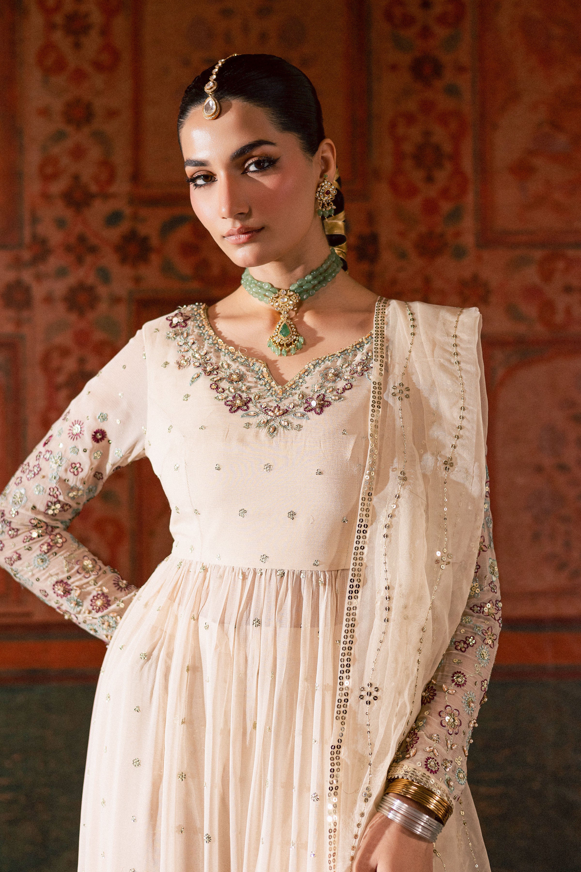 Fiona Lux 3Pc - Chiffon Wedding Frock BATIKLuxePRET2025 BATIK S / Pearl White / Raw Silk & Crinkle-M / Pearl White / Raw Silk & Crinkle-L / Pearl White / Raw Silk & Crinkle