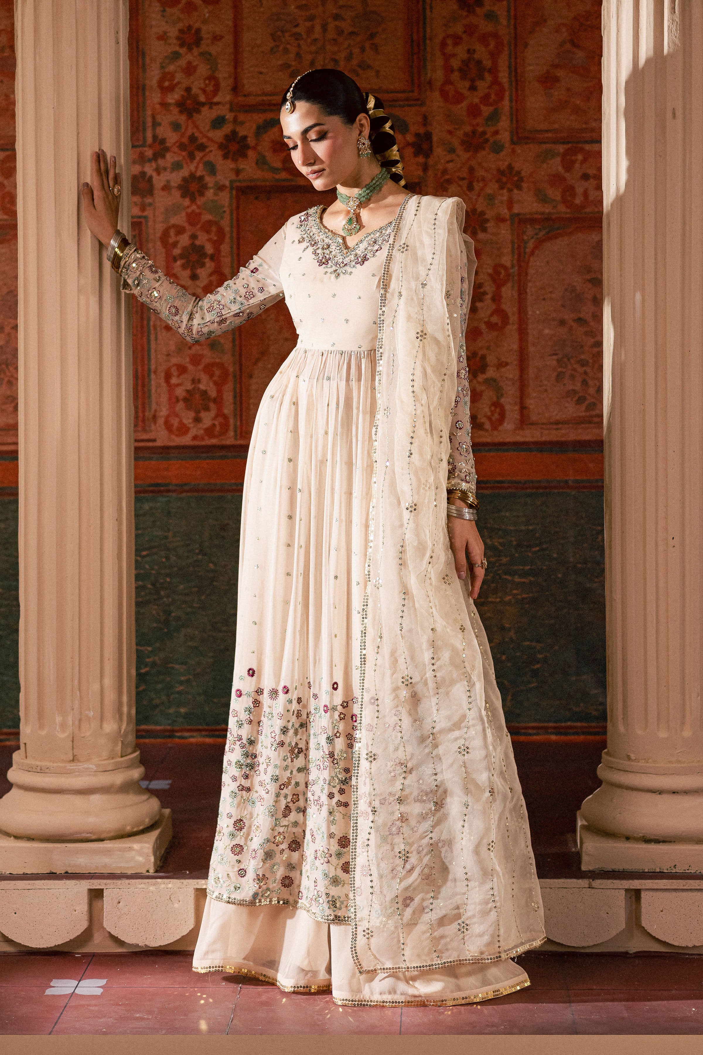 Fiona Lux 3Pc - Chiffon Wedding Frock BATIKLuxePRET2025 BATIK S / Pearl White / Raw Silk & Crinkle-M / Pearl White / Raw Silk & Crinkle-L / Pearl White / Raw Silk & Crinkle