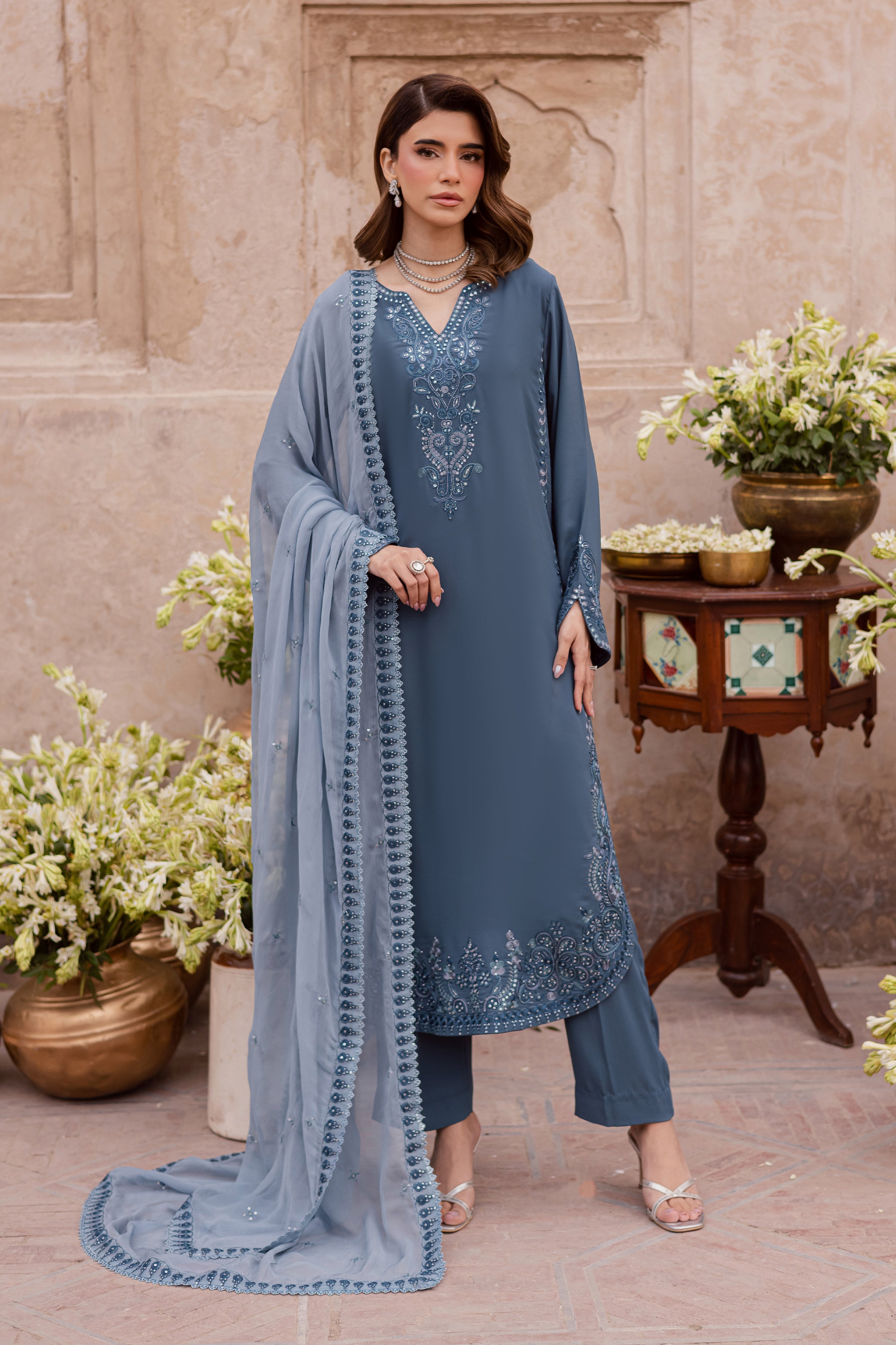 Florina 3Pc - Festive Luxe Pret BATIKSTUDIO2025 BATIK S / Teal Grey / Georgette-M / Teal Grey / Georgette-L / Teal Grey / Georgette