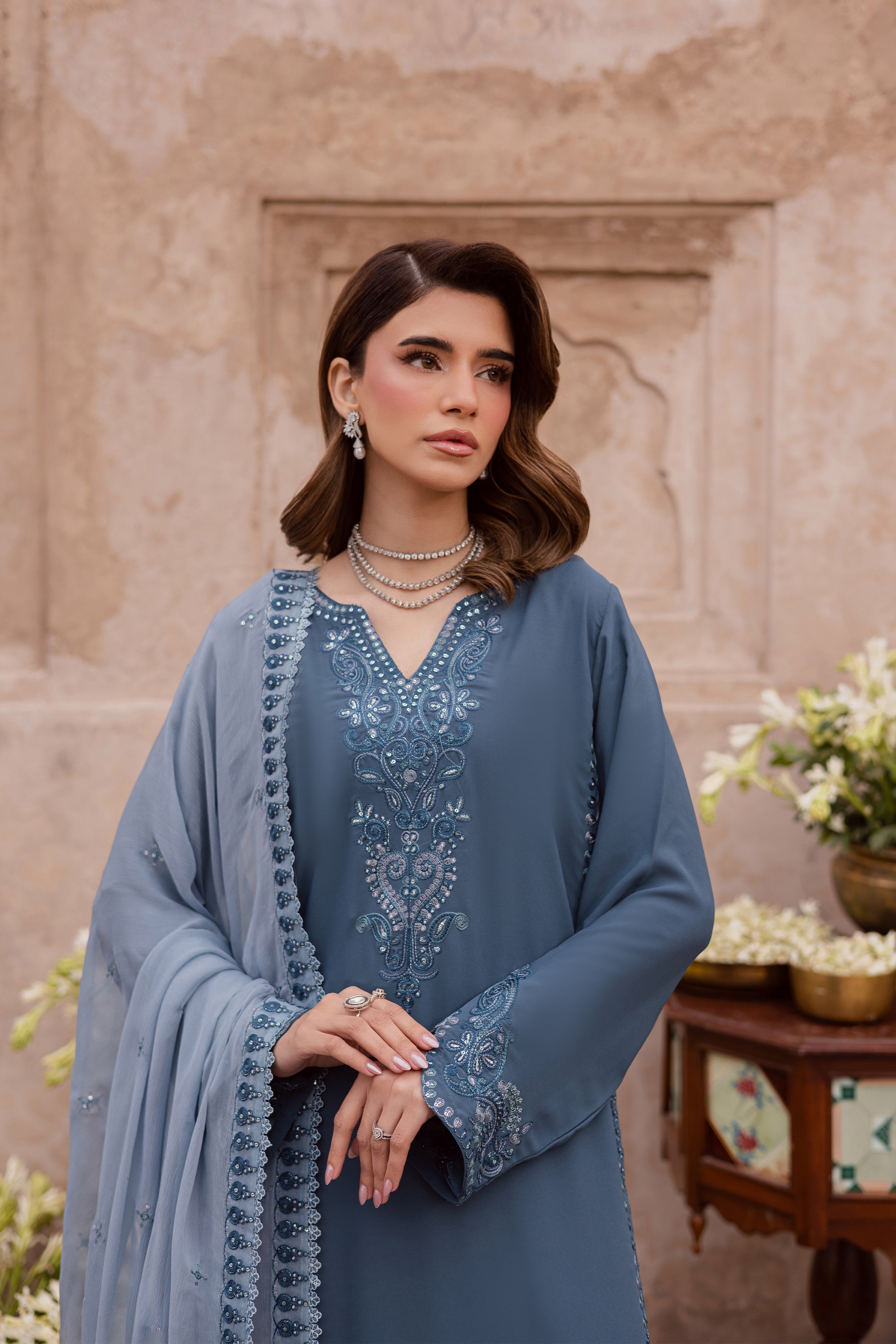 Florina 3Pc - Festive Luxe Pret BATIKSTUDIO2025 BATIK S / Teal Grey / Georgette-M / Teal Grey / Georgette-L / Teal Grey / Georgette
