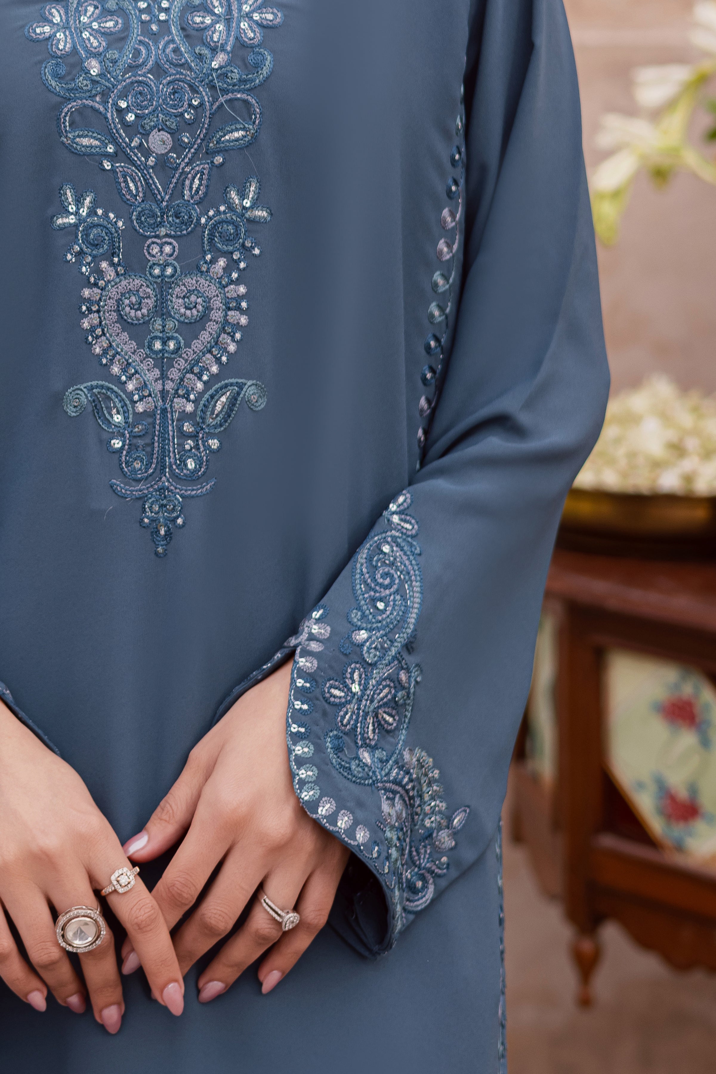 Florina 3Pc - Festive Luxe Pret BATIKSTUDIO2025 BATIK S / Teal Grey / Georgette-M / Teal Grey / Georgette-L / Teal Grey / Georgette