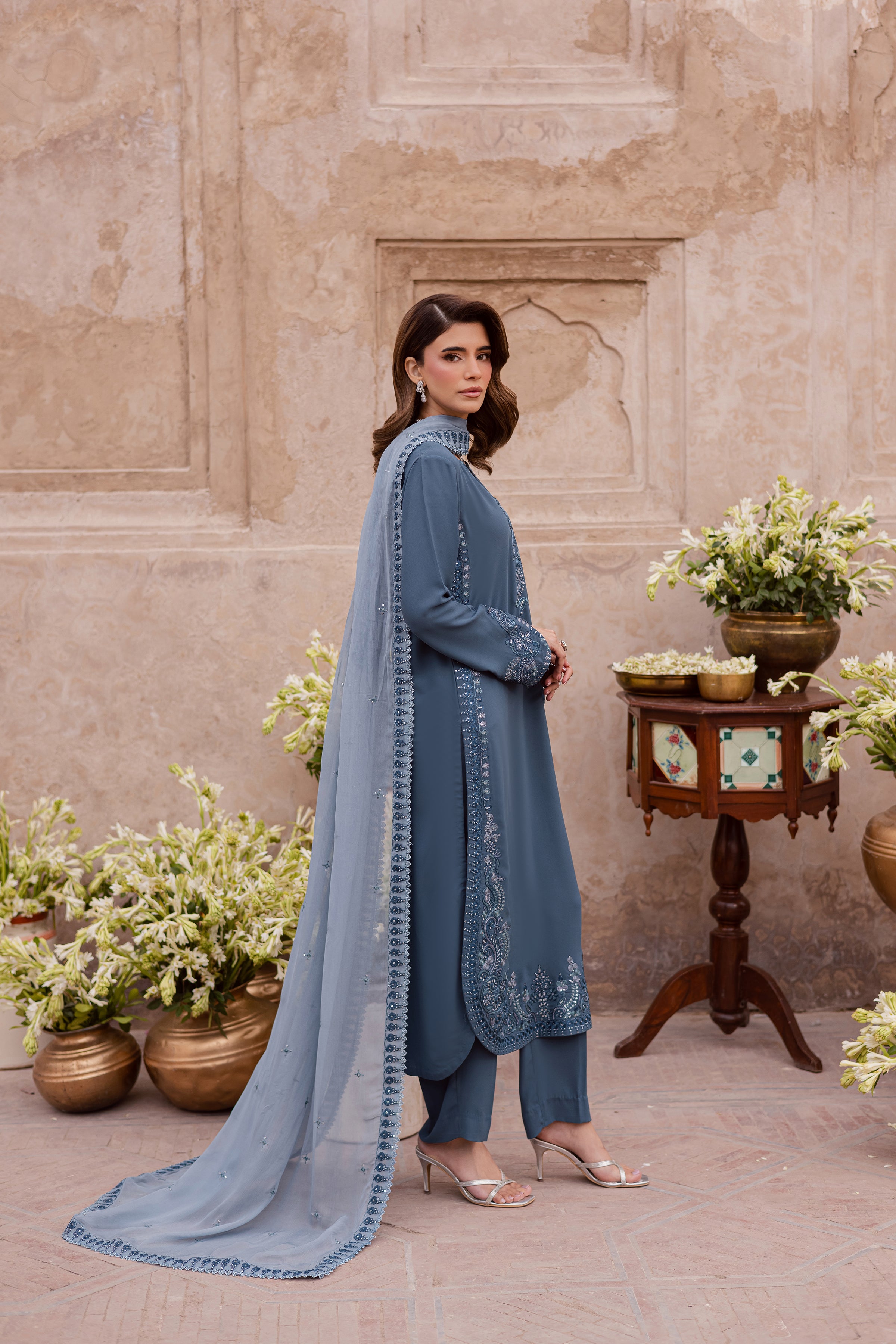 Florina 3Pc - Festive Luxe Pret BATIKSTUDIO2025 BATIK S / Teal Grey / Georgette-M / Teal Grey / Georgette-L / Teal Grey / Georgette