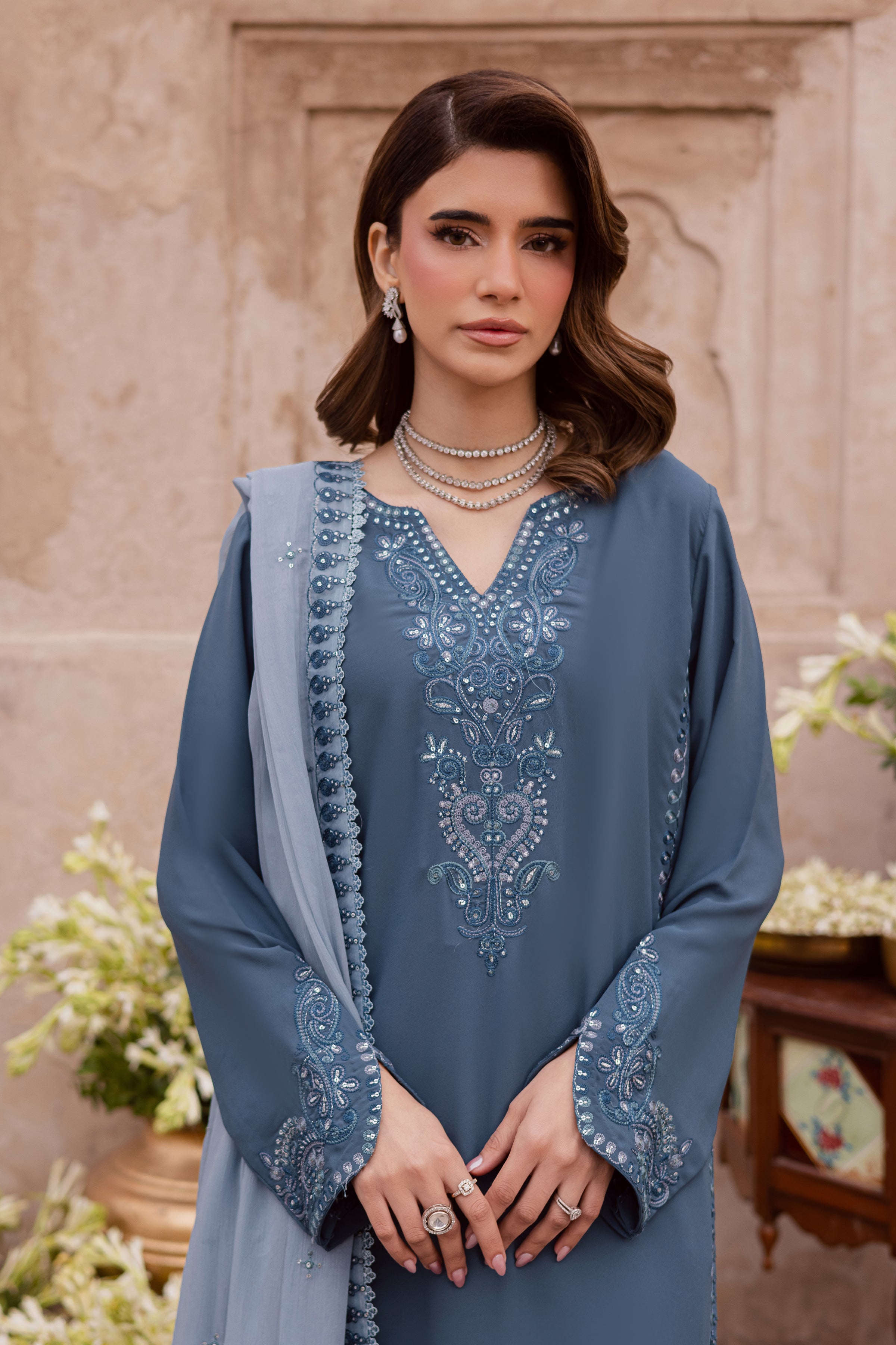 Florina 3Pc - Festive Luxe Pret BATIKSTUDIO2025 BATIK S / Teal Grey / Georgette-M / Teal Grey / Georgette-L / Teal Grey / Georgette