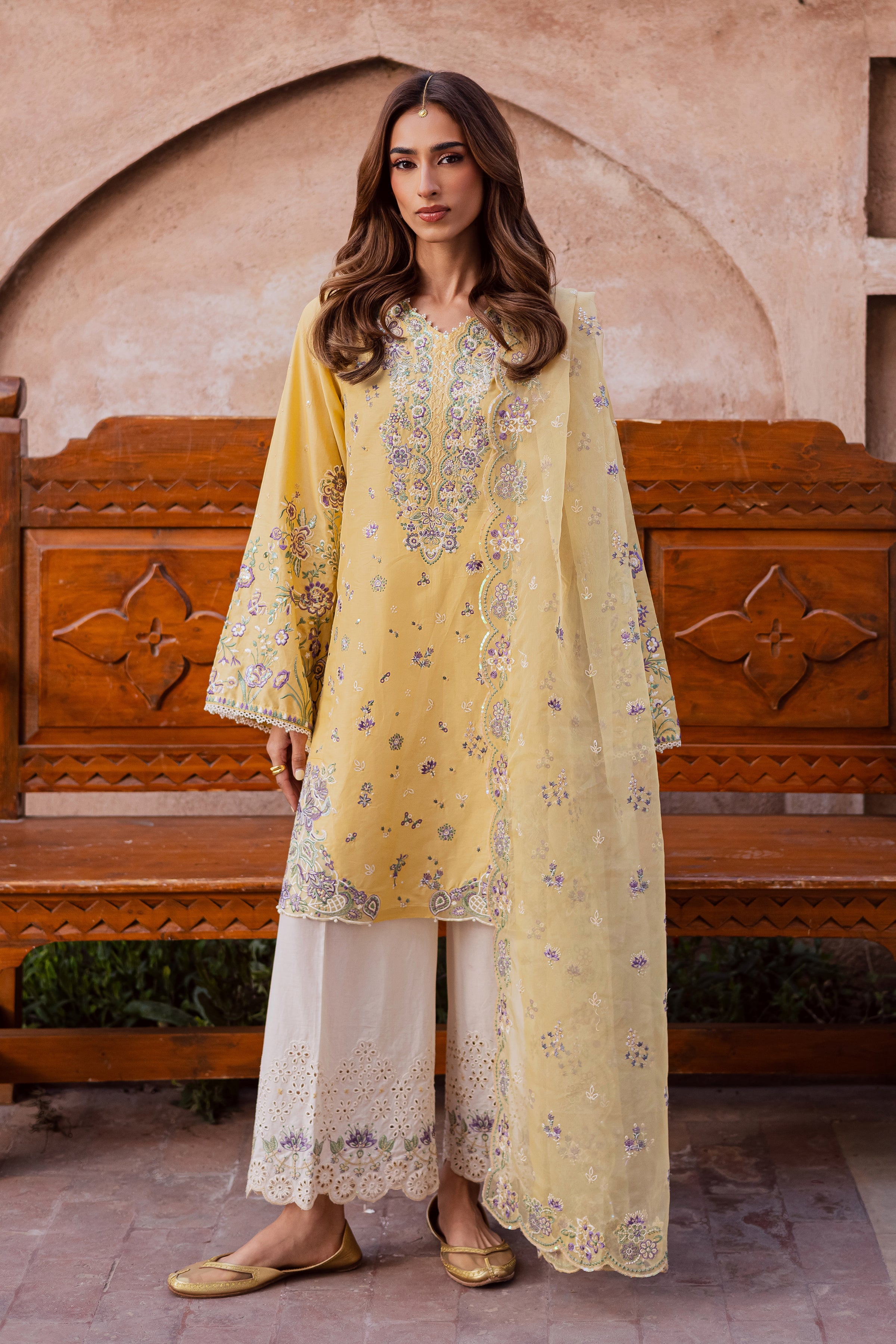 Goldilocks 3Pc - Festive Embroidered Lawn BATIKEID2026 BATIK XS / Ocher Yellow / Pima Lawn-S / Ocher Yellow / Pima Lawn-M / Ocher Yellow / Pima Lawn-L / Ocher Yellow / Pima Lawn-XL / Ocher Yellow / Pima Lawn