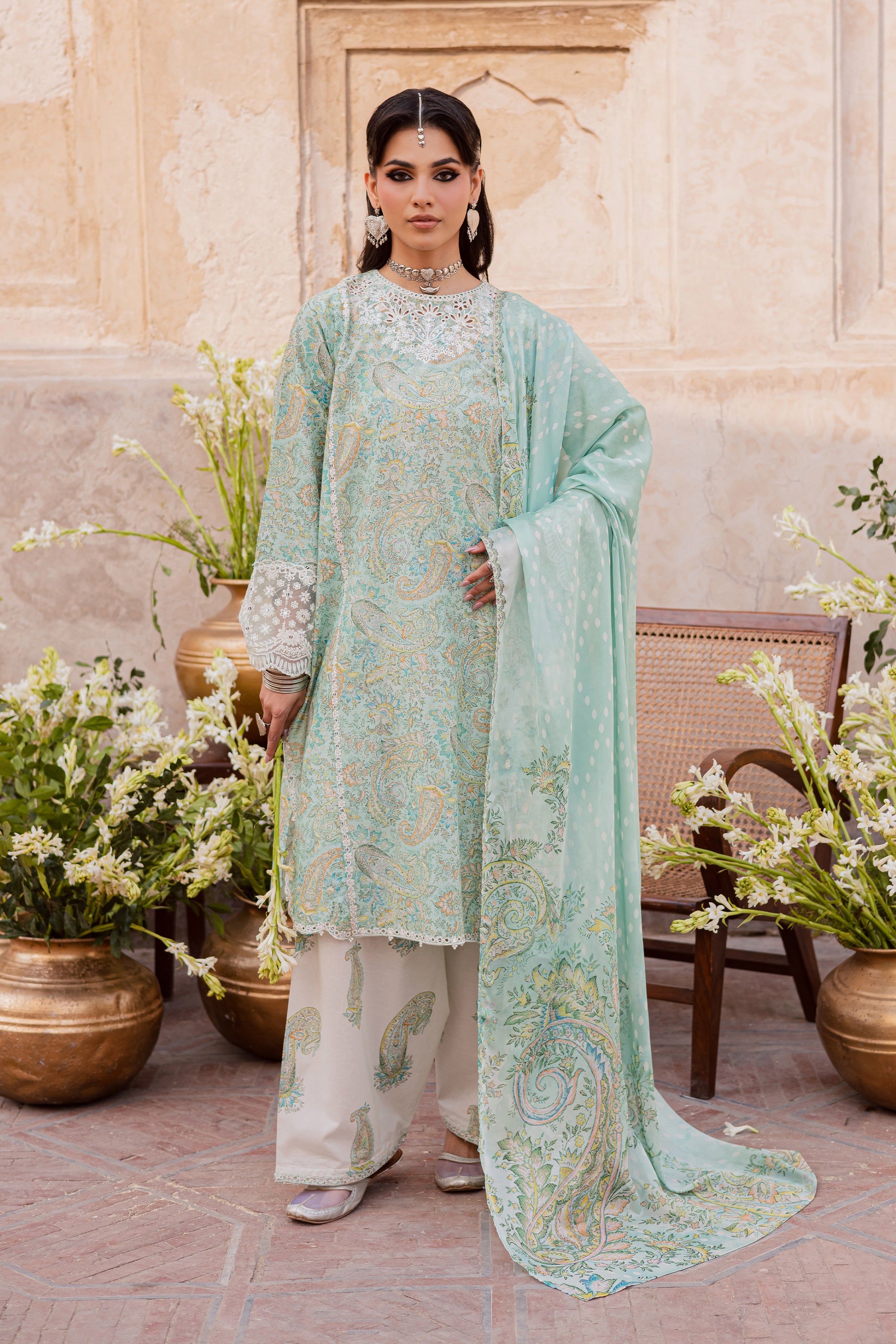Green Elika 3Pc - Festive Eid Prints BATIKEID2026 BATIK XS / Sea Green / Lawn-S / Sea Green / Lawn-M / Sea Green / Lawn-L / Sea Green / Lawn-XL / Sea Green / Lawn