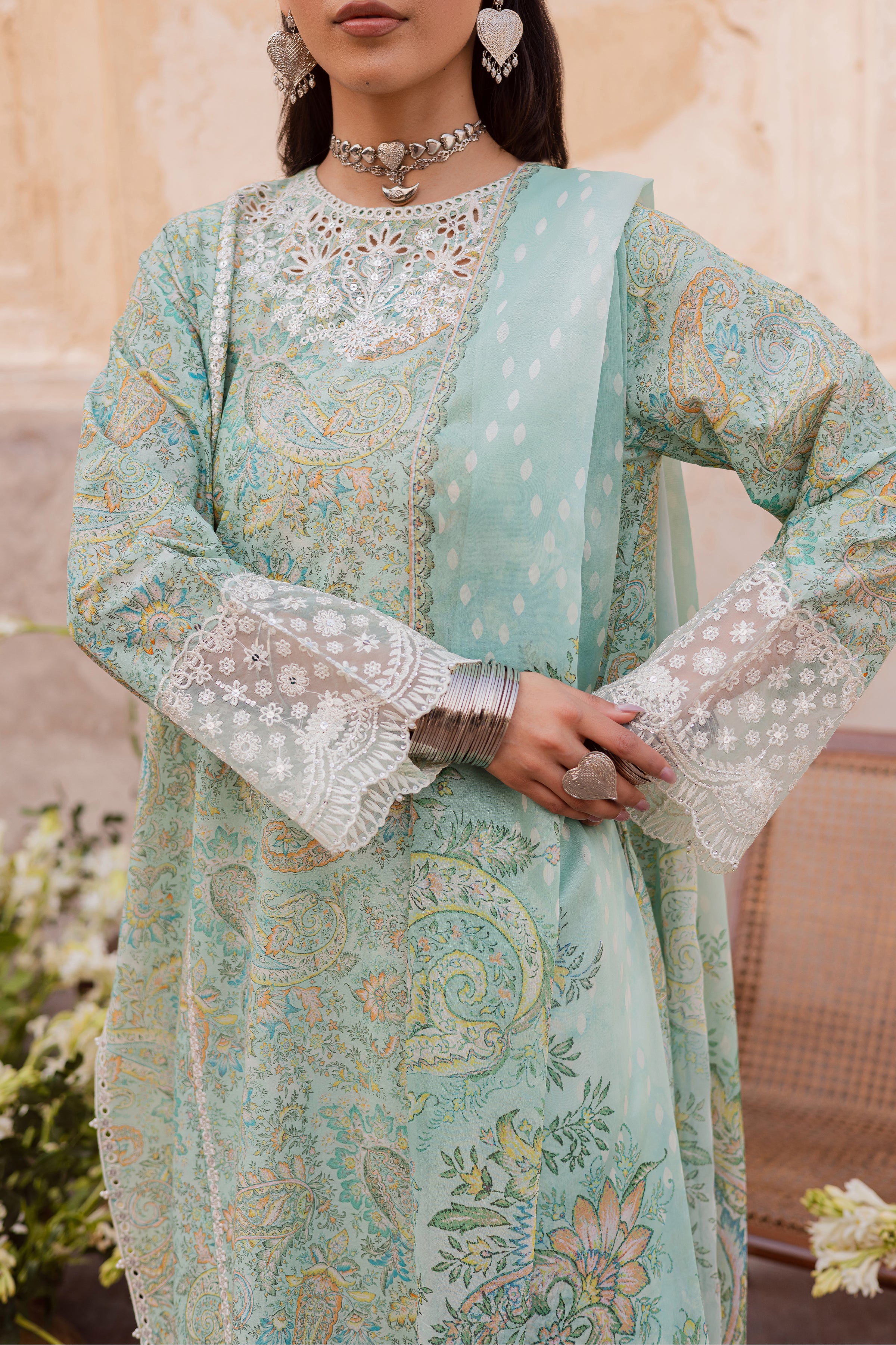 Green Elika 3Pc - Festive Eid Prints BATIKEID2026 BATIK XS / Sea Green / Lawn-S / Sea Green / Lawn-M / Sea Green / Lawn-L / Sea Green / Lawn-XL / Sea Green / Lawn