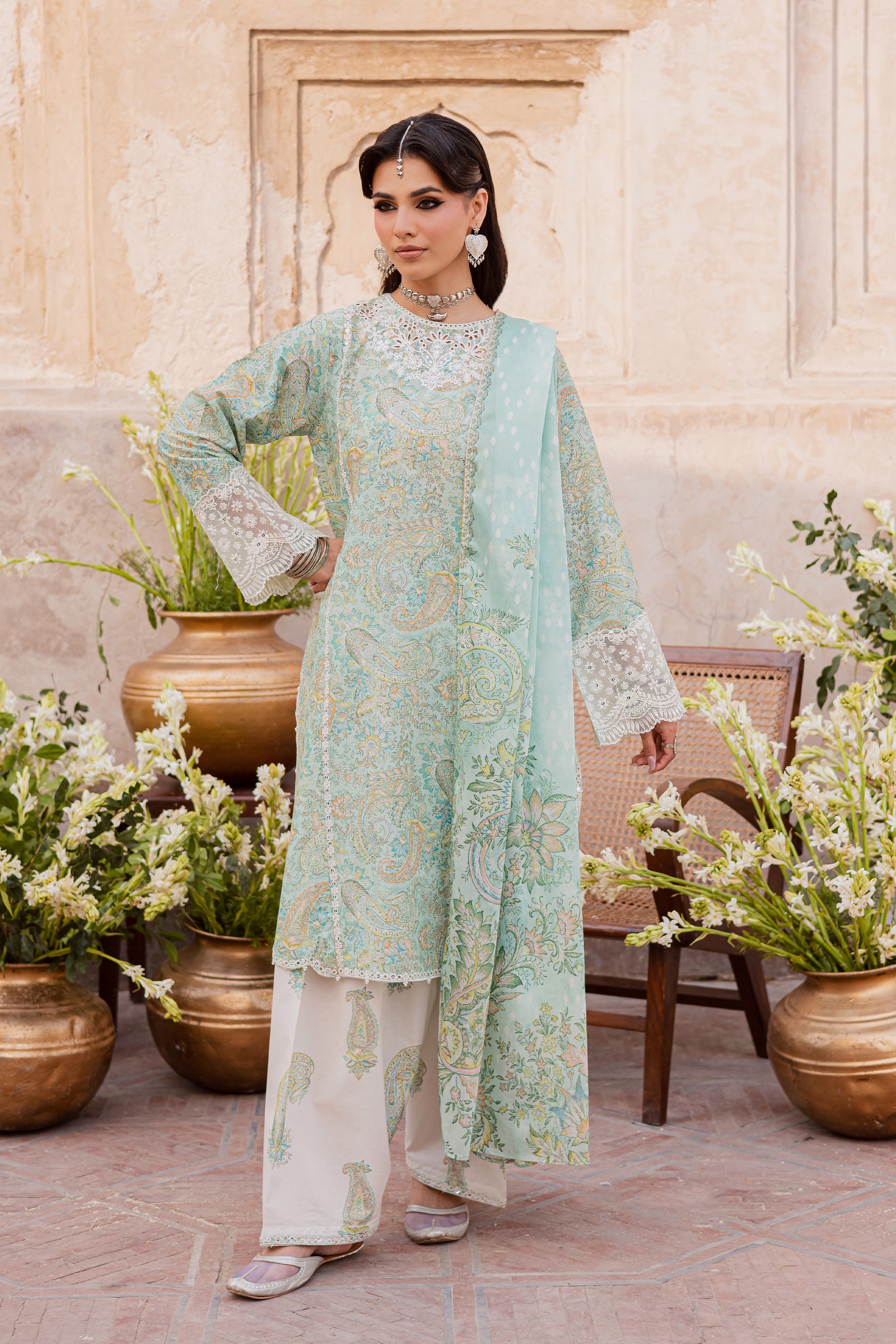 Green Elika 3Pc - Festive Eid Prints BATIKEID2026 BATIK XS / Sea Green / Lawn-S / Sea Green / Lawn-M / Sea Green / Lawn-L / Sea Green / Lawn-XL / Sea Green / Lawn