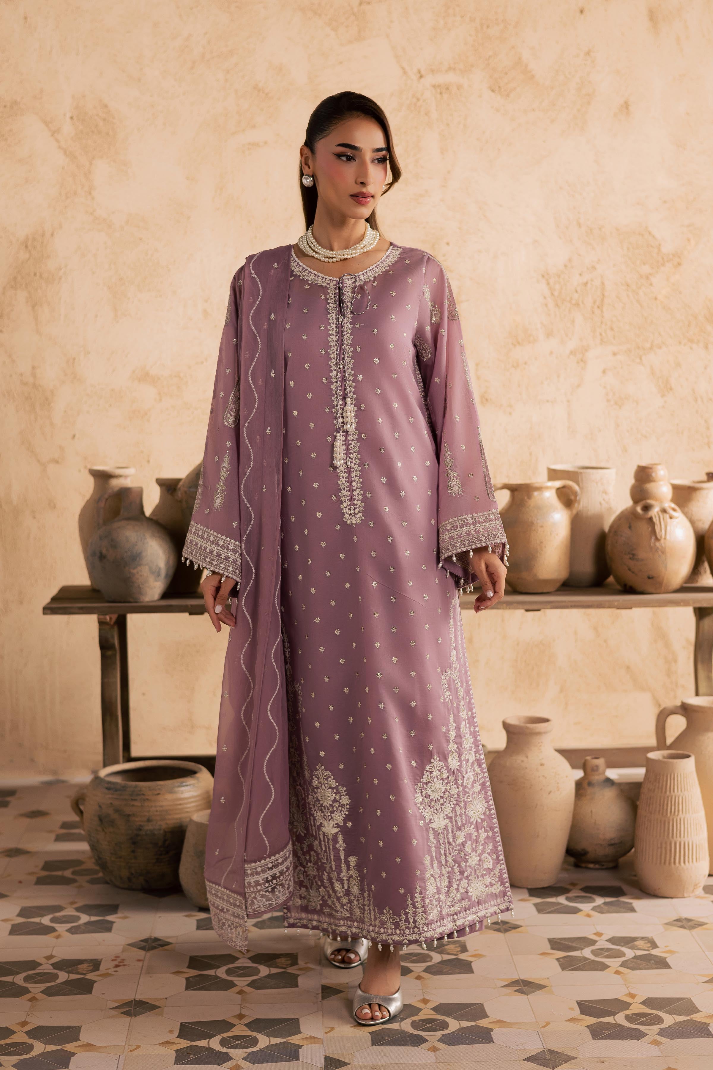 Gul e Rana 3Pc - Embroidered Festive Pret BATIKSS26 BATIK XS / Lilac / Paper Silk-S / Lilac / Paper Silk-M / Lilac / Paper Silk-L / Lilac / Paper Silk-XL / Lilac / Paper Silk