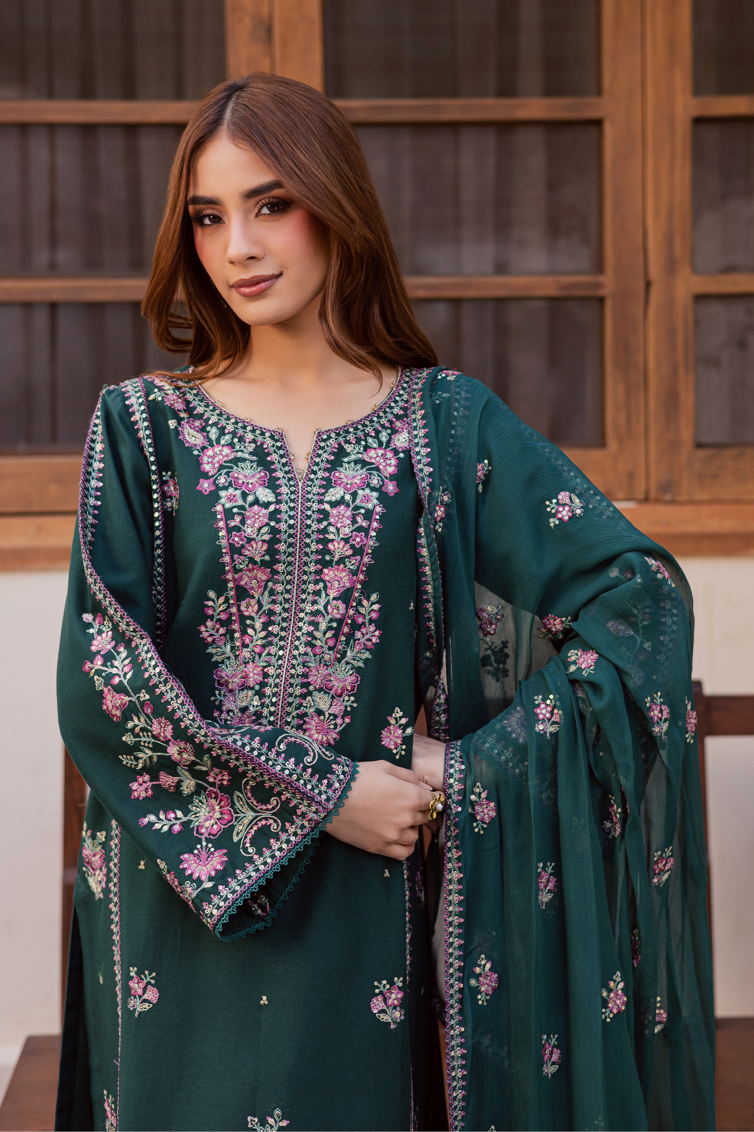 Guleena 3Pc - Embroidered Khaddar Dress BATIK WINTER PRET 2025 BATIK XS / Ponderosa Pine / Khaddar-S / Ponderosa Pine / Khaddar-M / Ponderosa Pine / Khaddar-L / Ponderosa Pine / Khaddar-XL / Ponderosa Pine / Khaddar