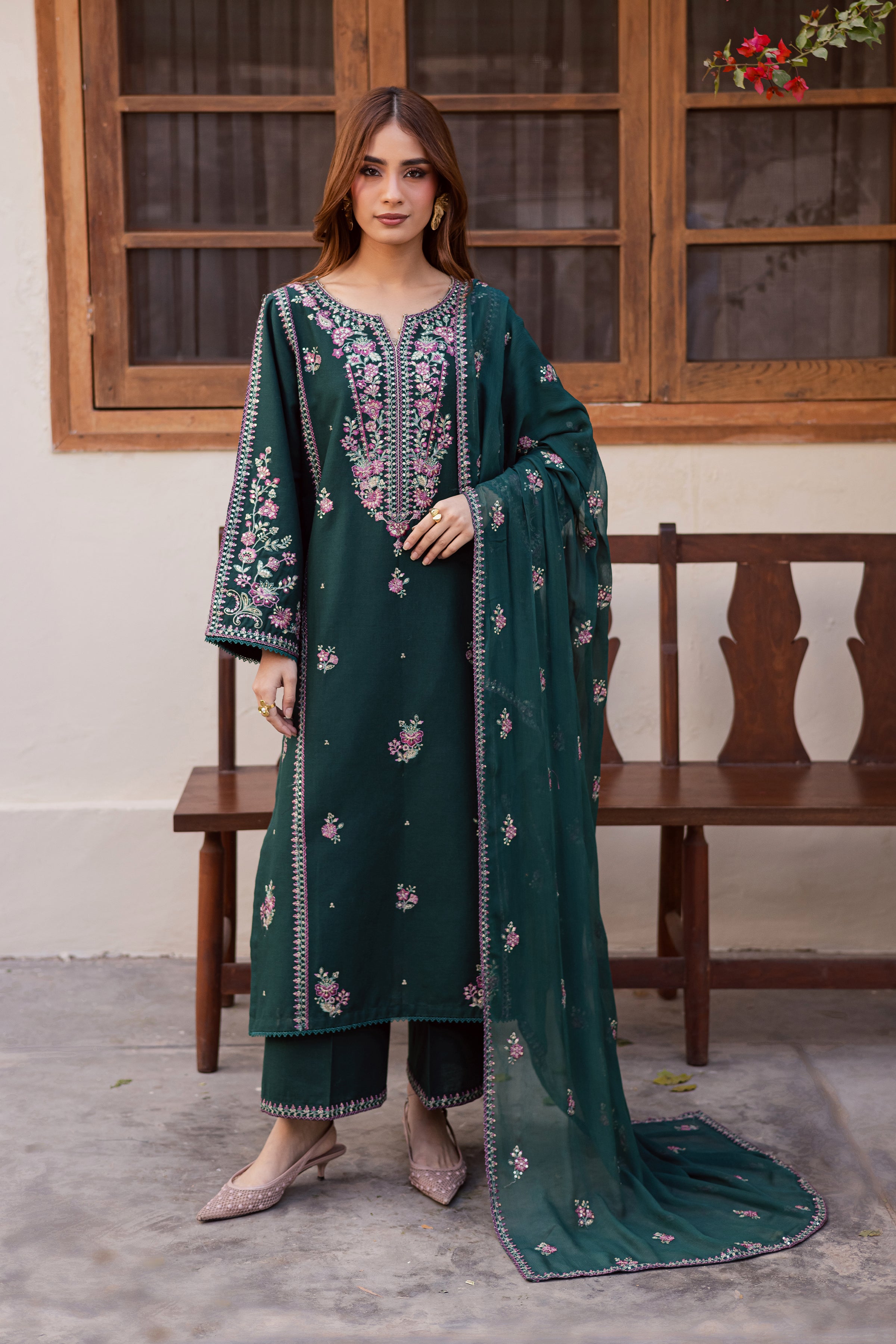 Guleena 3Pc - Embroidered Khaddar Dress BATIK WINTER PRET 2025 BATIK XS / Ponderosa Pine / Khaddar-S / Ponderosa Pine / Khaddar-M / Ponderosa Pine / Khaddar-L / Ponderosa Pine / Khaddar-XL / Ponderosa Pine / Khaddar