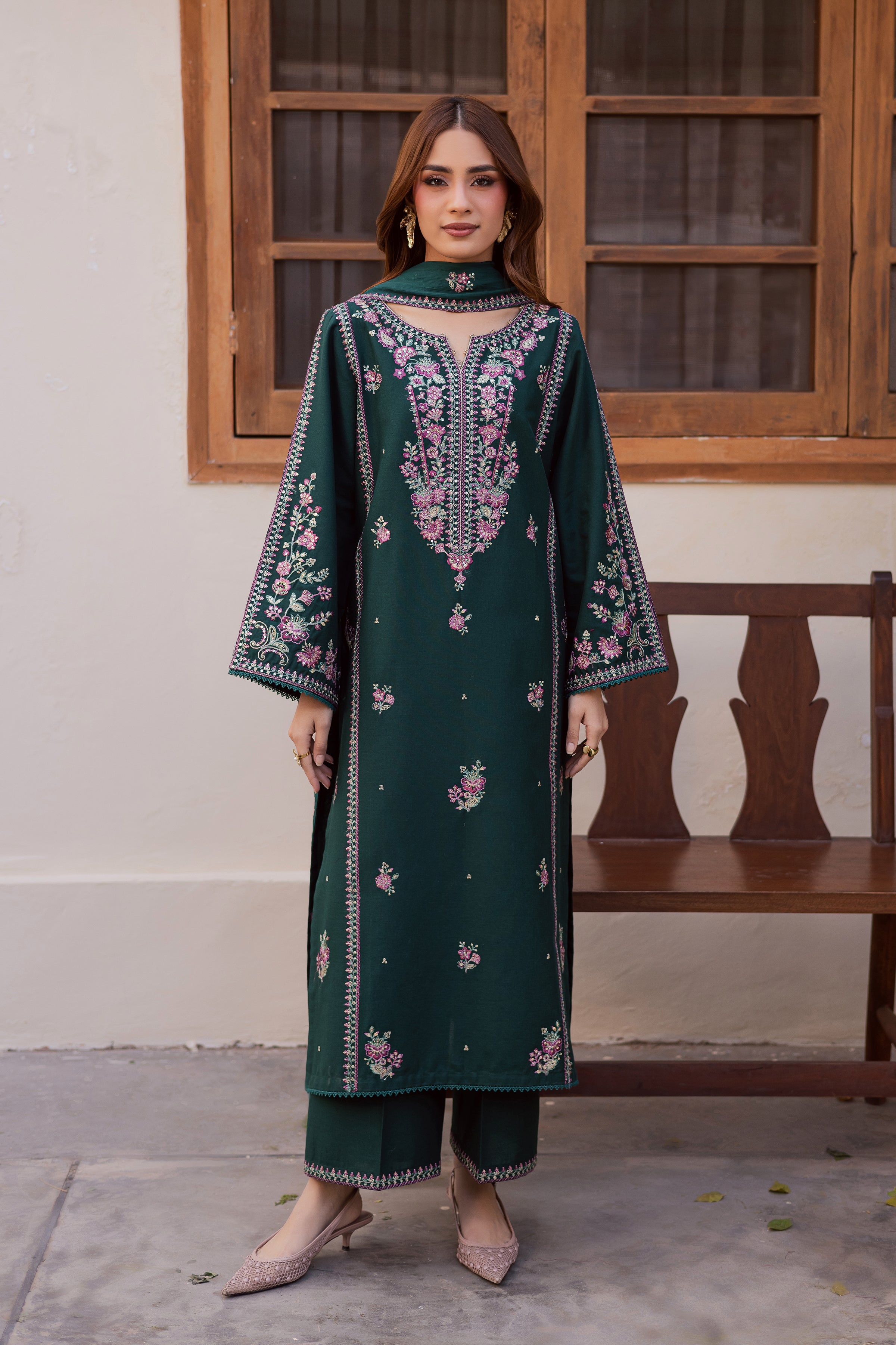 Guleena 3Pc - Embroidered Khaddar Dress BATIK WINTER PRET 2025 BATIK XS / Ponderosa Pine / Khaddar-S / Ponderosa Pine / Khaddar-M / Ponderosa Pine / Khaddar-L / Ponderosa Pine / Khaddar-XL / Ponderosa Pine / Khaddar