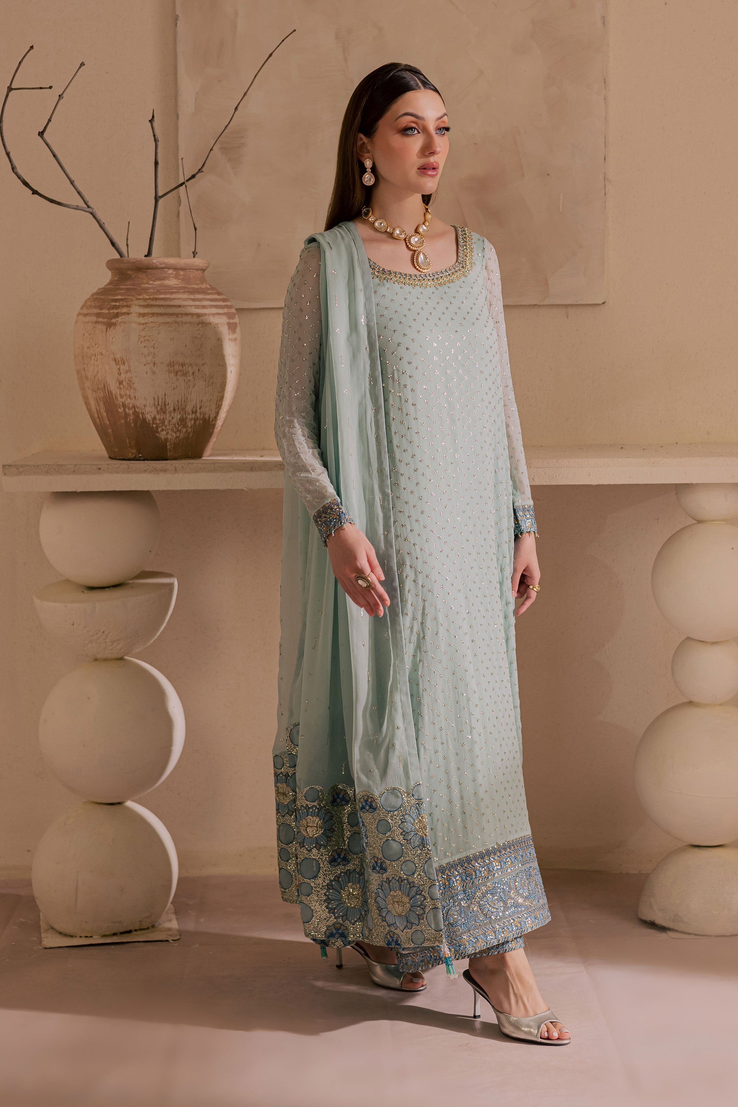 Gulzar 3Pc - Embroidered Luxe Pret BATIKLuxePRET2025 BATIK XS / Sea Blue / Chiffon & Raw Silk-S / Sea Blue / Chiffon & Raw Silk-M / Sea Blue / Chiffon & Raw Silk-L / Sea Blue / Chiffon & Raw Silk-XL / Sea Blue / Chiffon & Raw Silk