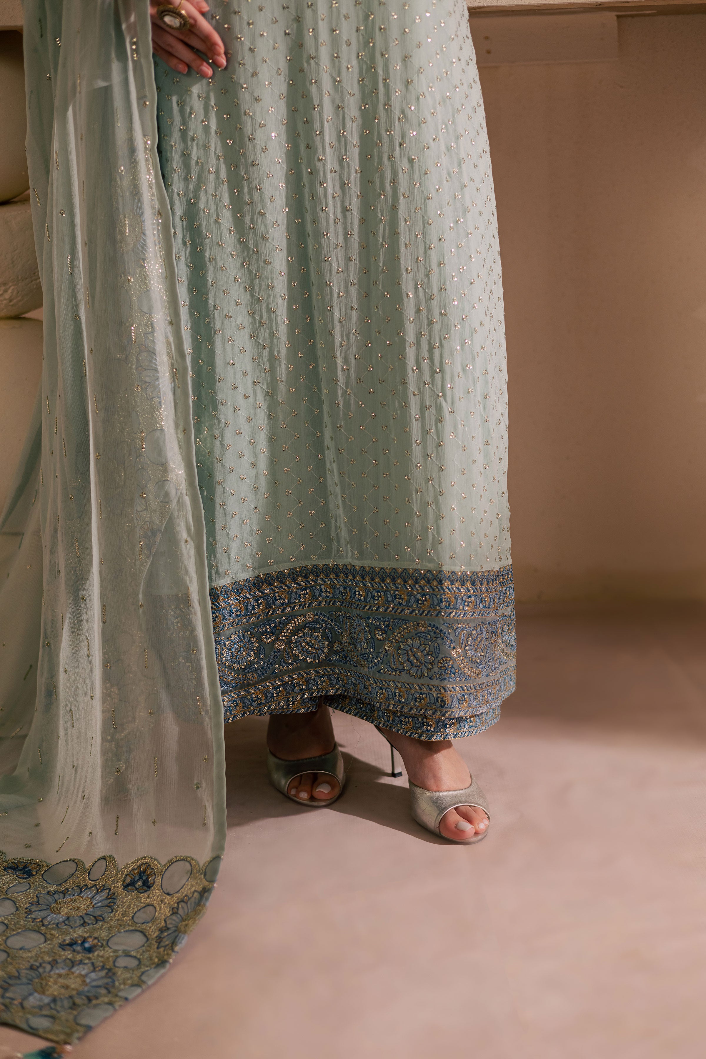 Gulzar 3Pc - Embroidered Luxe Pret BATIKLuxePRET2025 BATIK XS / Sea Blue / Chiffon & Raw Silk-S / Sea Blue / Chiffon & Raw Silk-M / Sea Blue / Chiffon & Raw Silk-L / Sea Blue / Chiffon & Raw Silk-XL / Sea Blue / Chiffon & Raw Silk