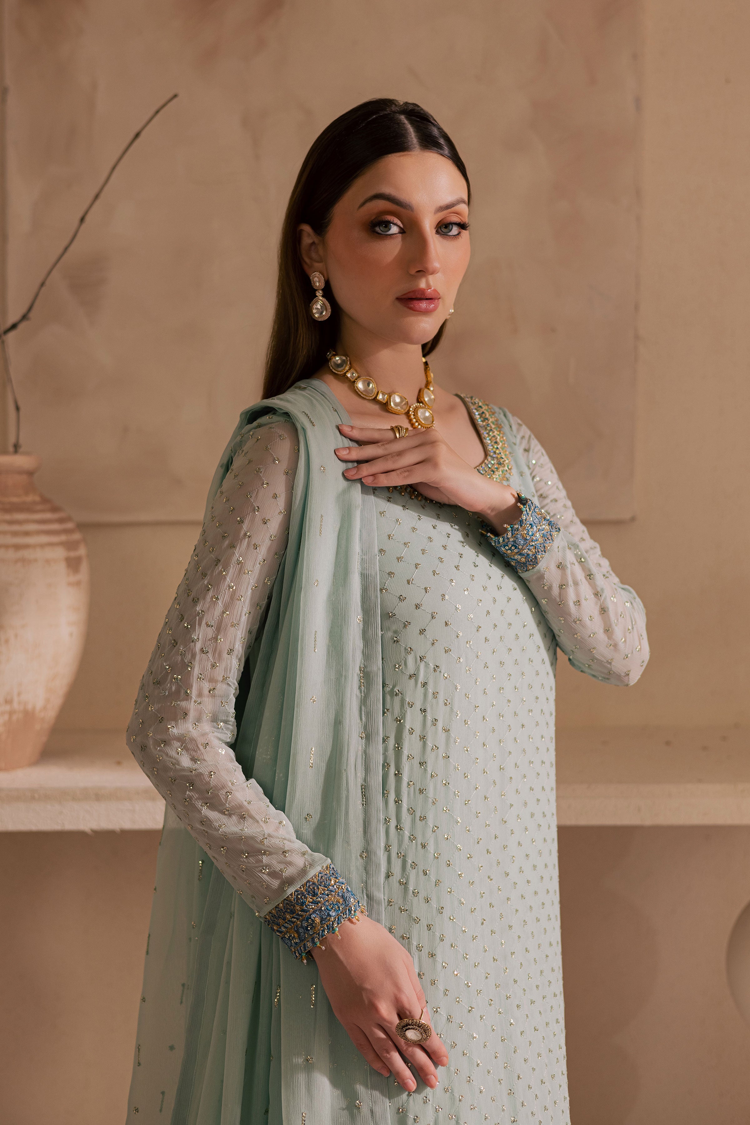 Gulzar 3Pc - Embroidered Luxe Pret BATIKLuxePRET2025 BATIK XS / Sea Blue / Chiffon & Raw Silk-S / Sea Blue / Chiffon & Raw Silk-M / Sea Blue / Chiffon & Raw Silk-L / Sea Blue / Chiffon & Raw Silk-XL / Sea Blue / Chiffon & Raw Silk