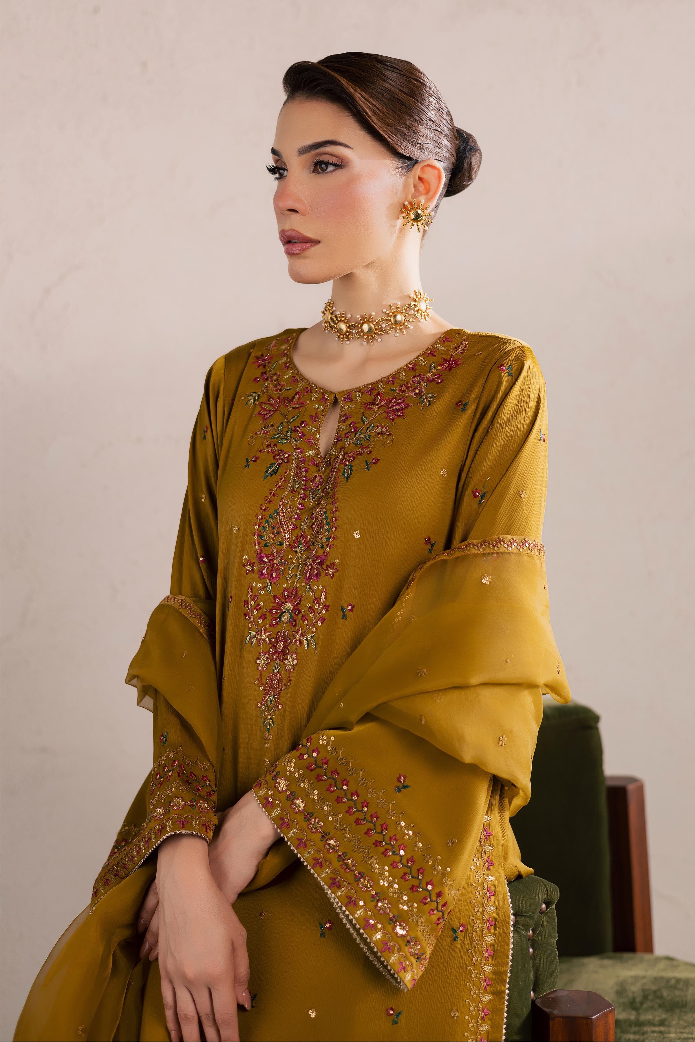 Hera 3Pc - Festive Luxury Formal BATIKEID2026 BATIK S / Mehndi Green / Georgette-M / Mehndi Green / Georgette-L / Mehndi Green / Georgette