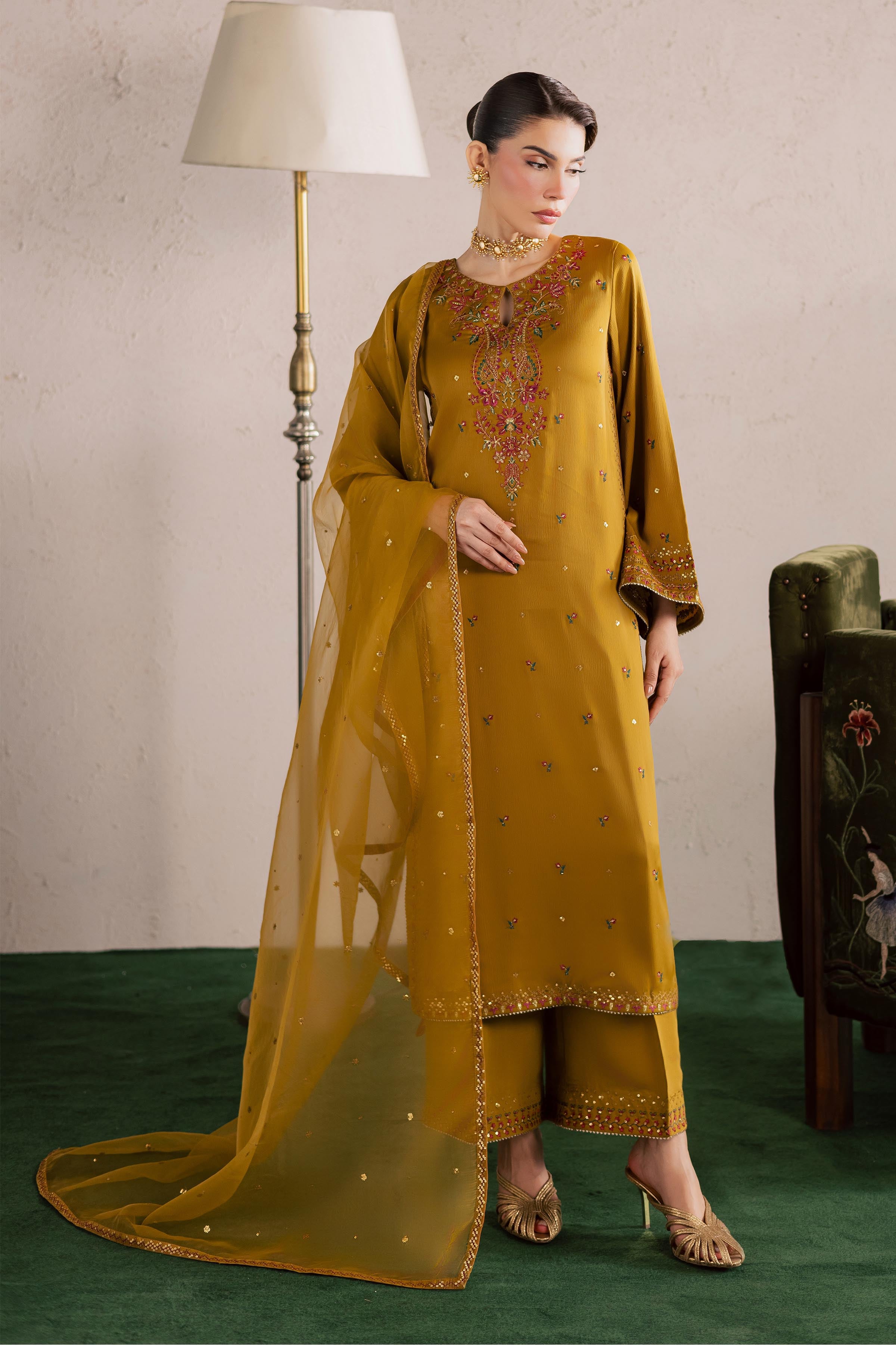 Hera 3Pc - Festive Luxury Formal BATIKEID2026 BATIK S / Mehndi Green / Georgette-M / Mehndi Green / Georgette-L / Mehndi Green / Georgette
