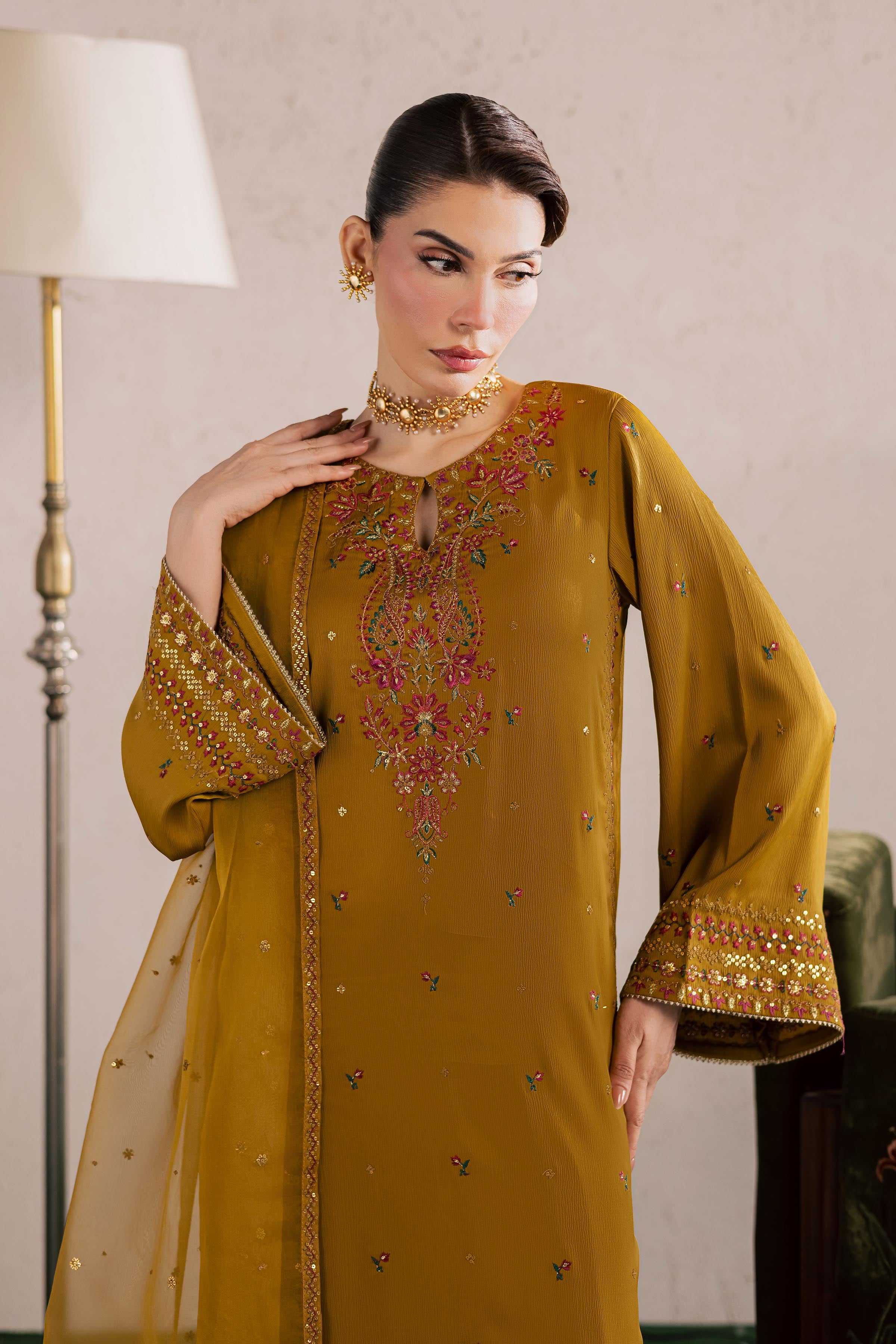 Hera 3Pc - Festive Luxury Formal BATIKEID2026 BATIK S / Mehndi Green / Georgette-M / Mehndi Green / Georgette-L / Mehndi Green / Georgette