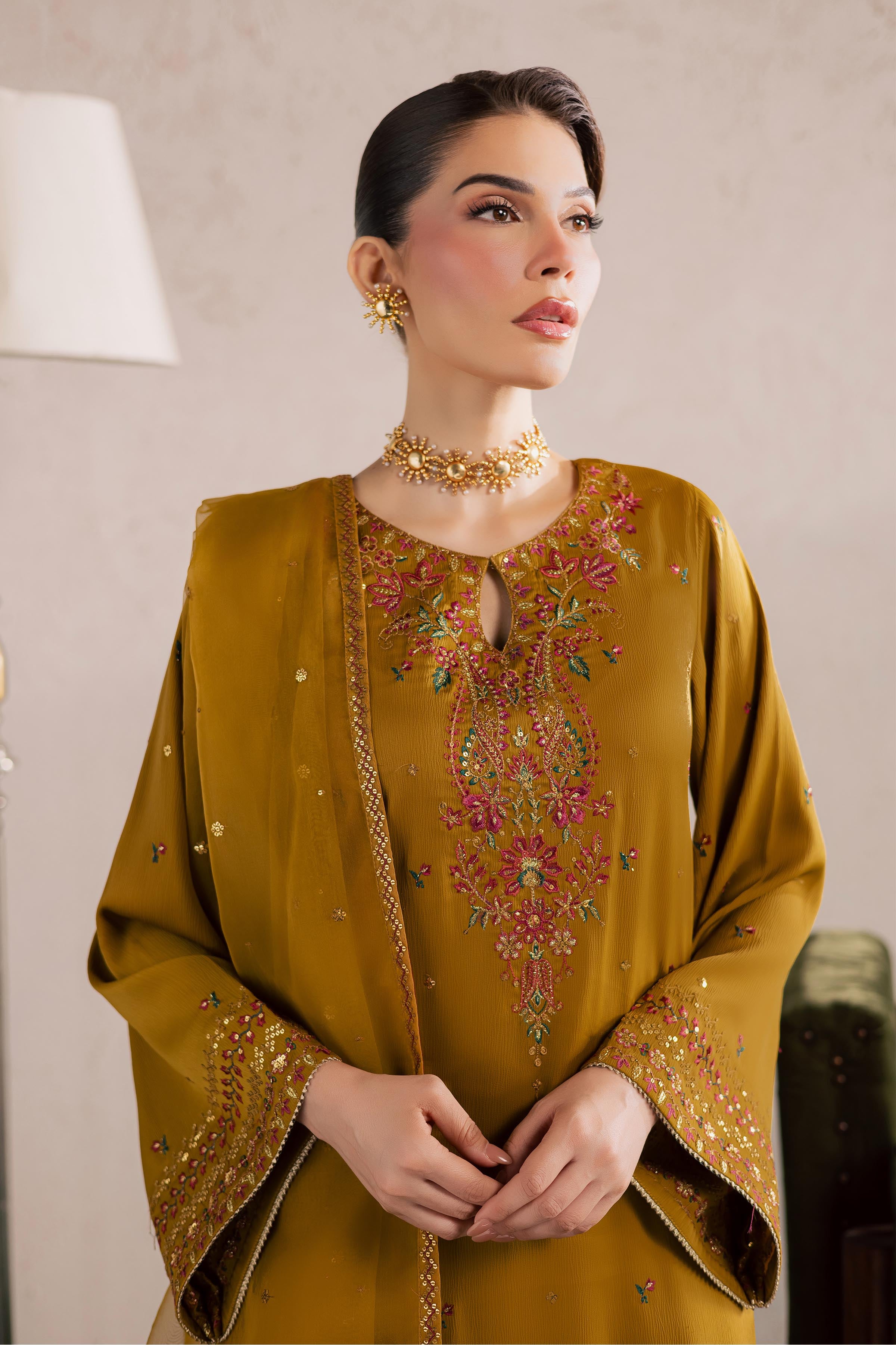 Hera 3Pc - Festive Luxury Formal BATIKEID2026 BATIK S / Mehndi Green / Georgette-M / Mehndi Green / Georgette-L / Mehndi Green / Georgette