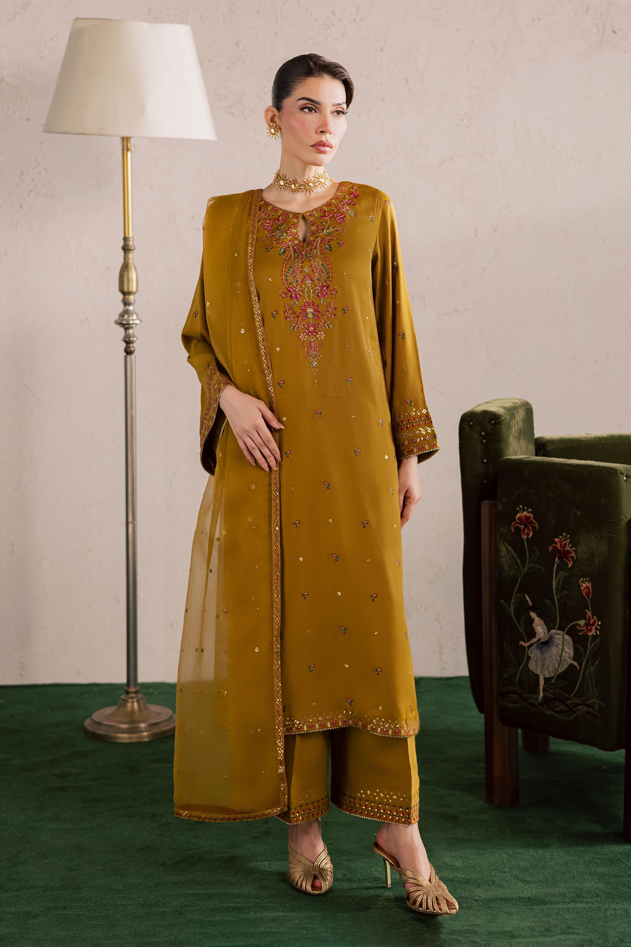 Hera 3Pc - Festive Luxury Formal BATIKEID2026 BATIK S / Mehndi Green / Georgette-M / Mehndi Green / Georgette-L / Mehndi Green / Georgette