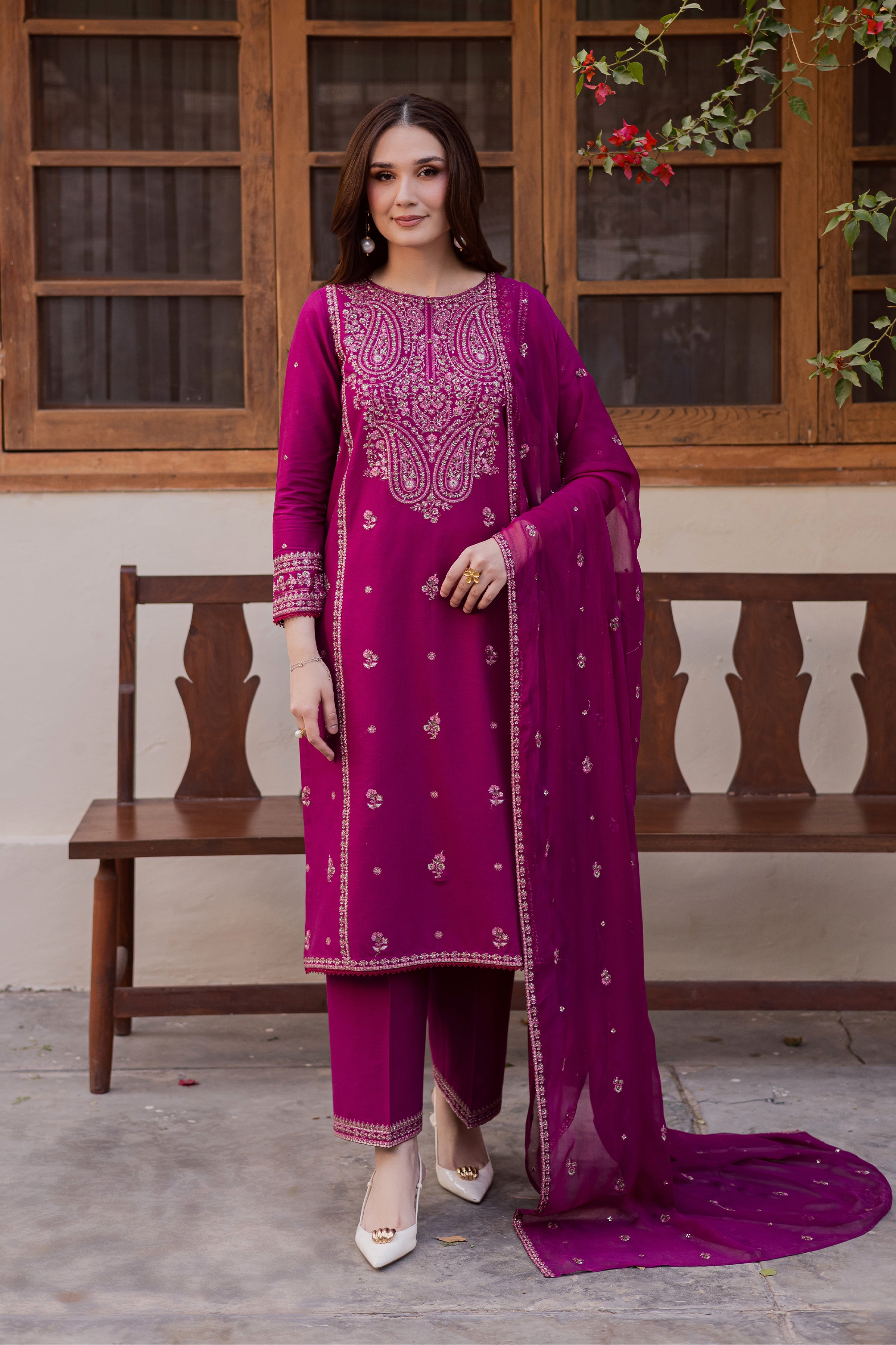 Husn 3Pc - Embroidered Khaddar Dress BATIK WINTER PRET 2025 BATIK XS / Bright Pink / Khaddar-S / Bright Pink / Khaddar-M / Bright Pink / Khaddar-L / Bright Pink / Khaddar-XL / Bright Pink / Khaddar