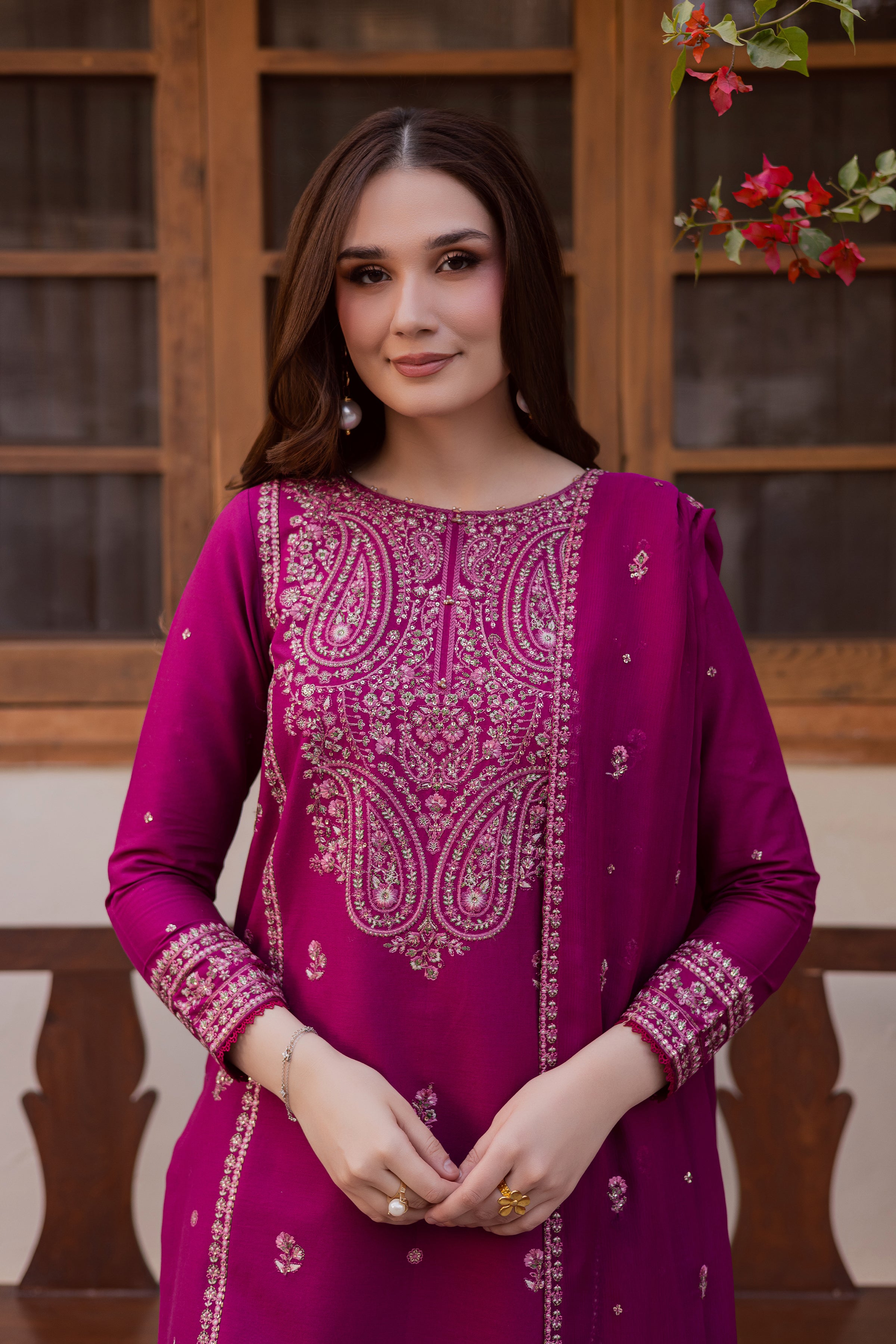 Husn 3Pc - Embroidered Khaddar Dress BATIK WINTER PRET 2025 BATIK XS / Bright Pink / Khaddar-S / Bright Pink / Khaddar-M / Bright Pink / Khaddar-L / Bright Pink / Khaddar-XL / Bright Pink / Khaddar