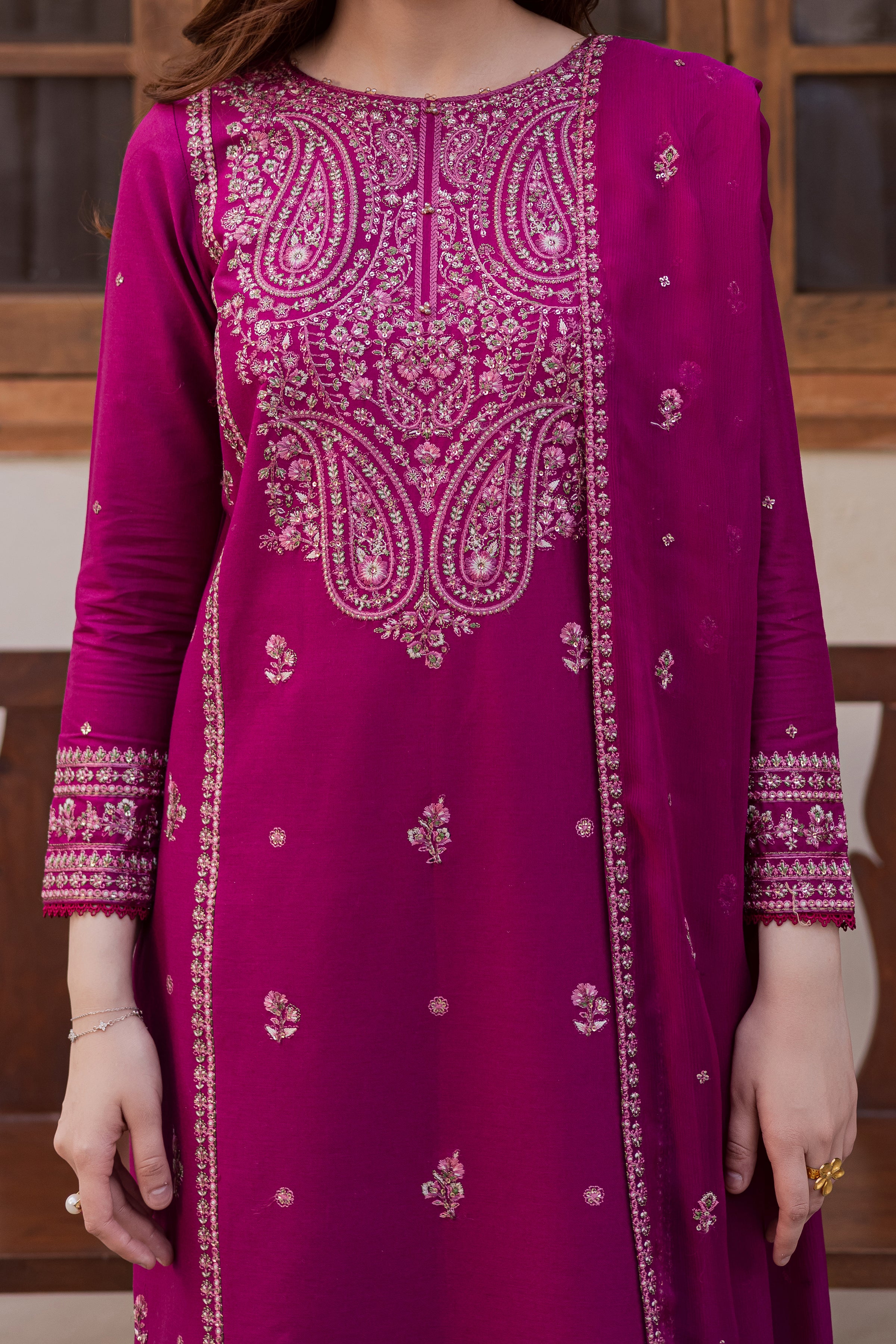 Husn 3Pc - Embroidered Khaddar Dress BATIK WINTER PRET 2025 BATIK XS / Bright Pink / Khaddar-S / Bright Pink / Khaddar-M / Bright Pink / Khaddar-L / Bright Pink / Khaddar-XL / Bright Pink / Khaddar