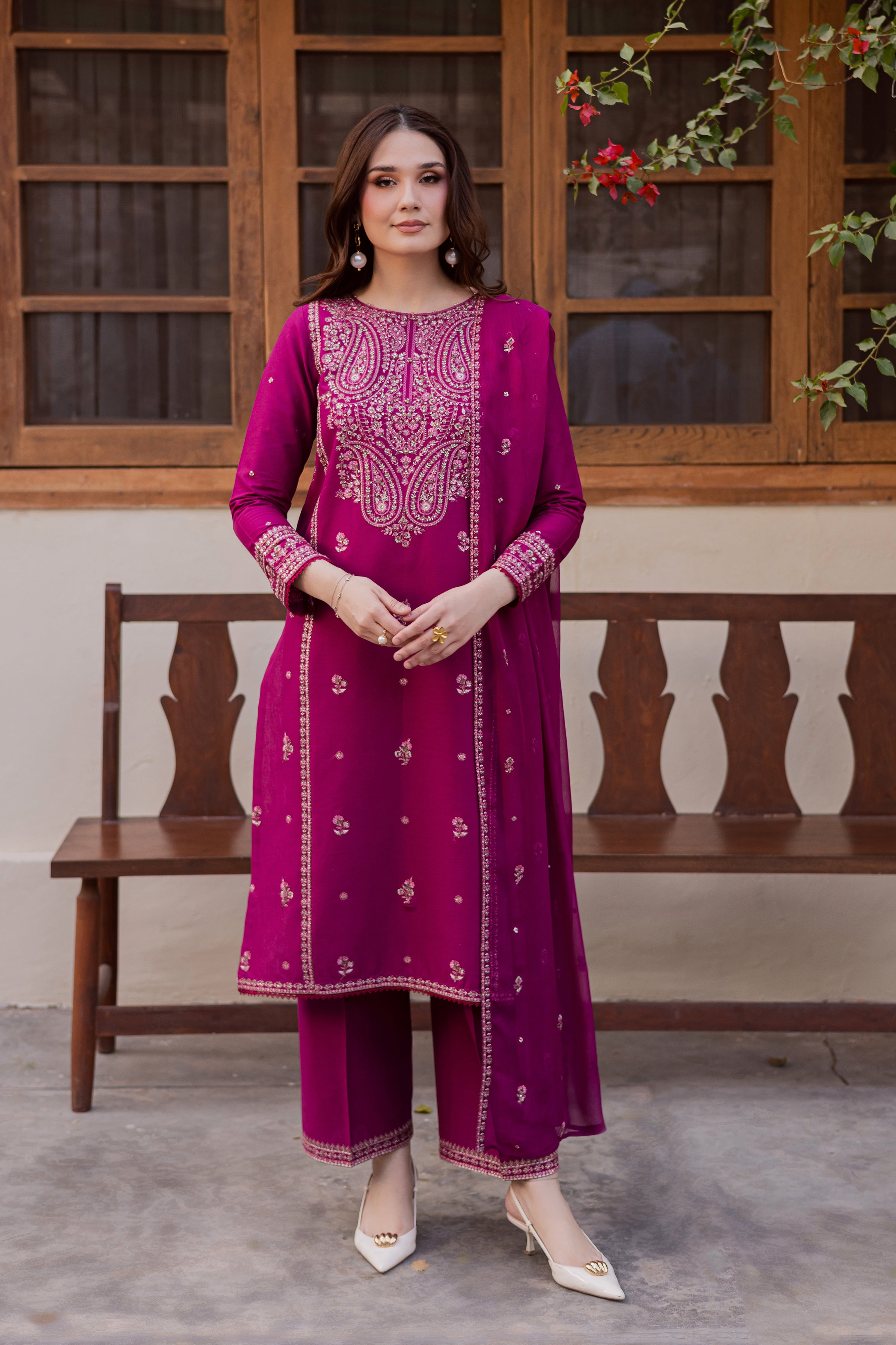 Husn 3Pc - Embroidered Khaddar Dress BATIK WINTER PRET 2025 BATIK XS / Bright Pink / Khaddar-S / Bright Pink / Khaddar-M / Bright Pink / Khaddar-L / Bright Pink / Khaddar-XL / Bright Pink / Khaddar