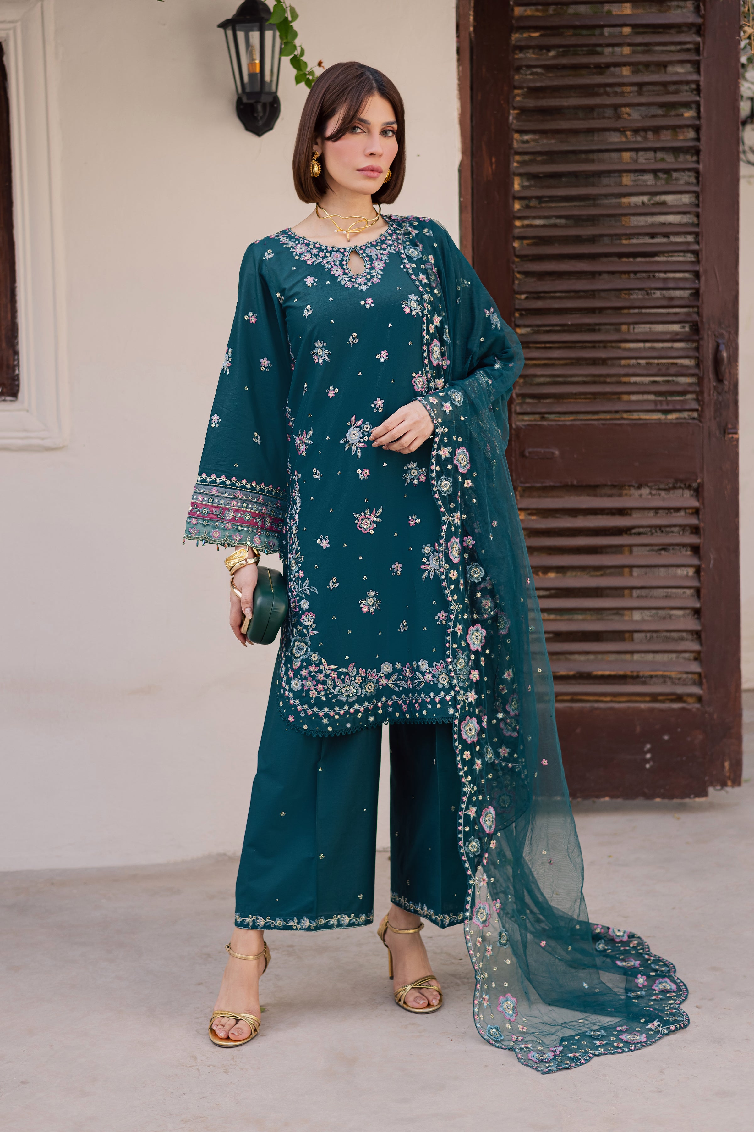 Ivy Bloom 3Pc - Festive Embroidered Lawn BATIKEID2026 BATIK XS / Ocean Green / Pima Lawn-S / Ocean Green / Pima Lawn-M / Ocean Green / Pima Lawn-L / Ocean Green / Pima Lawn-XL / Ocean Green / Pima Lawn