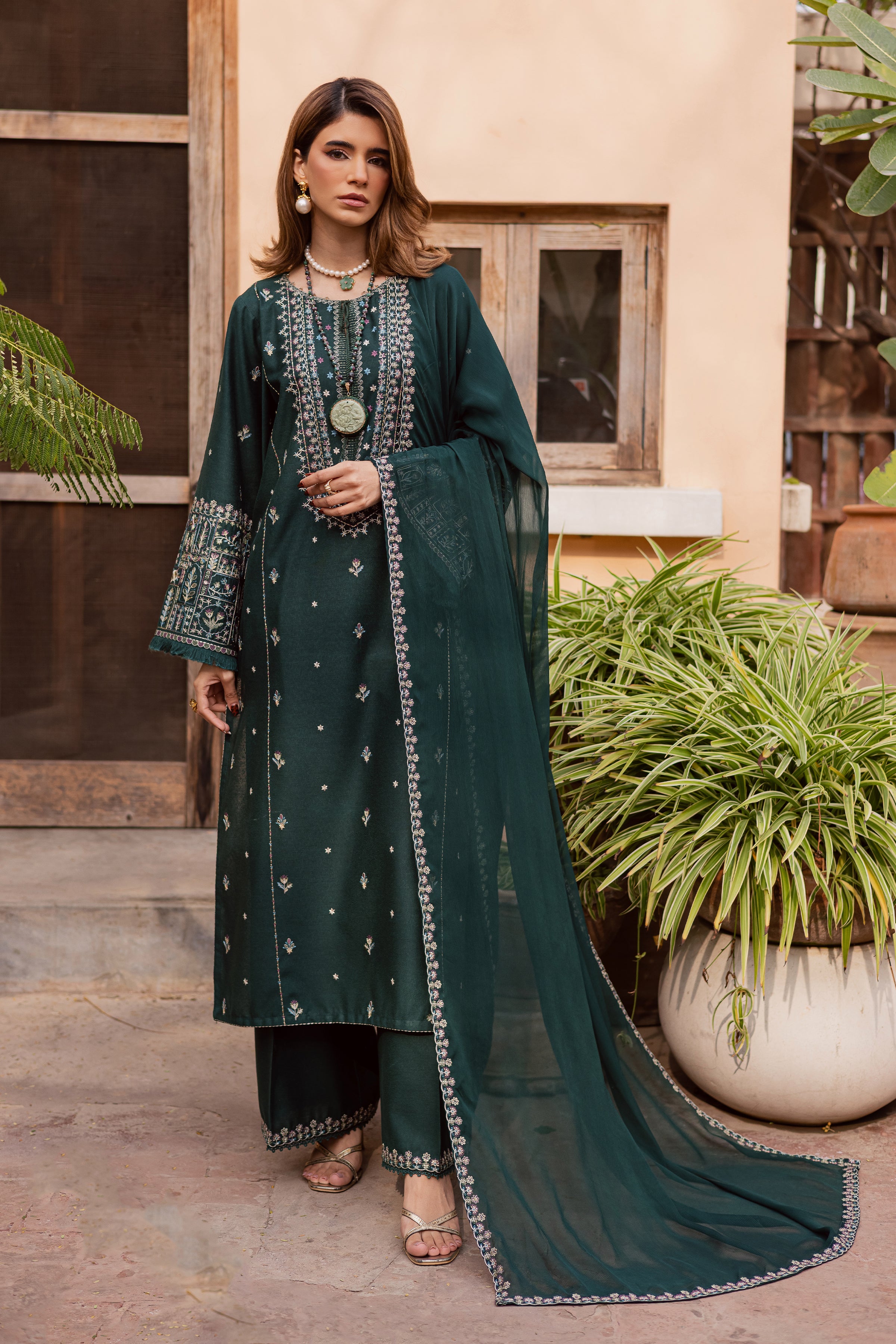 Julke 3Pc - Embroidered Festive Pret BATIK WINTER PRET 2025 BATIK XS / Bottle Green / Textured Cotton-S / Bottle Green / Textured Cotton-M / Bottle Green / Textured Cotton-L / Bottle Green / Textured Cotton-XL / Bottle Green / Textured Cotton