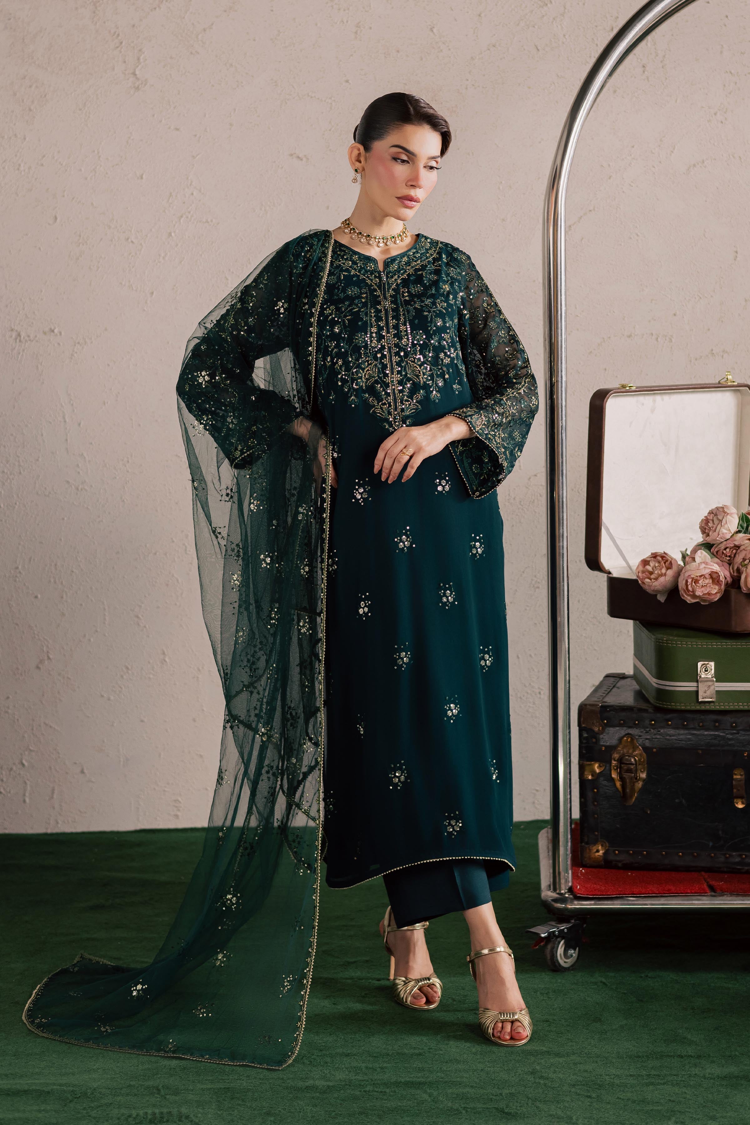 Kyra 3Pc - Festive Luxury Formal BATIKSS26 BATIK S / Dark Green / Pima Lawn-M / Dark Green / Pima Lawn-L / Dark Green / Pima Lawn