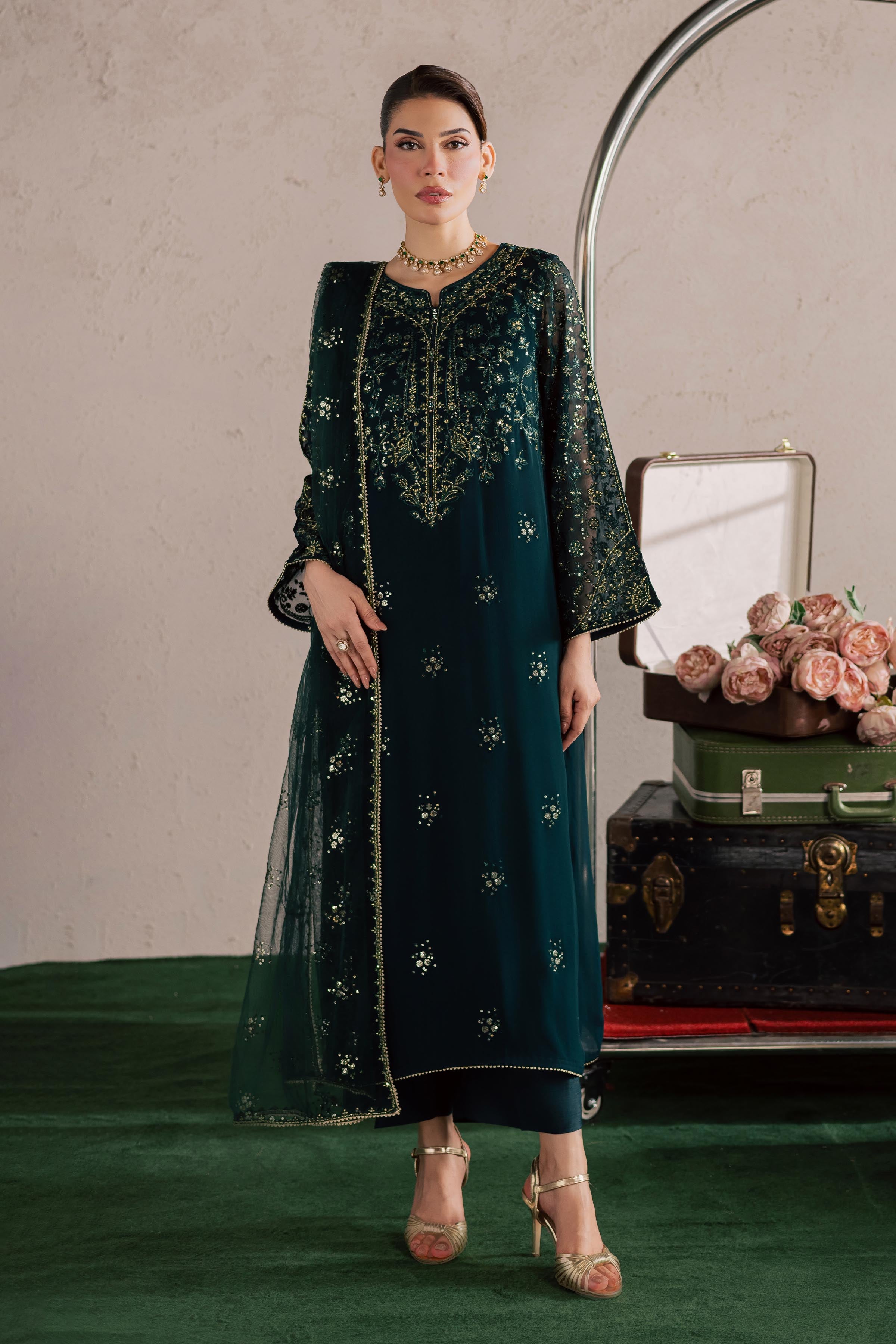 Kyra 3Pc - Festive Luxury Formal BATIKSS26 BATIK S / Dark Green / Pima Lawn-M / Dark Green / Pima Lawn-L / Dark Green / Pima Lawn