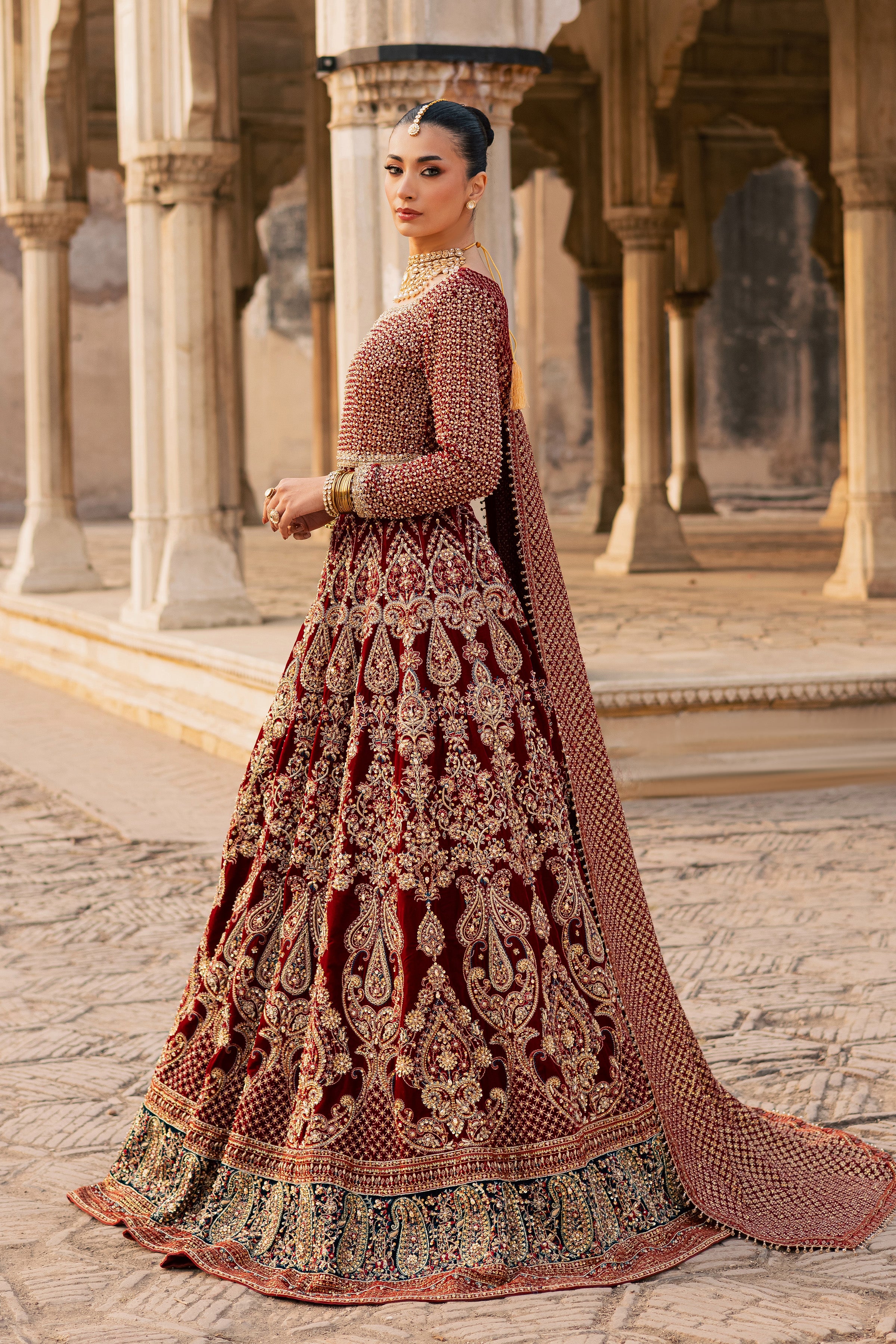Laaj 3Pc - Bridal Dress BATIKSTUDIO2025 BATIK S / Maroon / Velvet-M / Maroon / Velvet-L / Maroon / Velvet