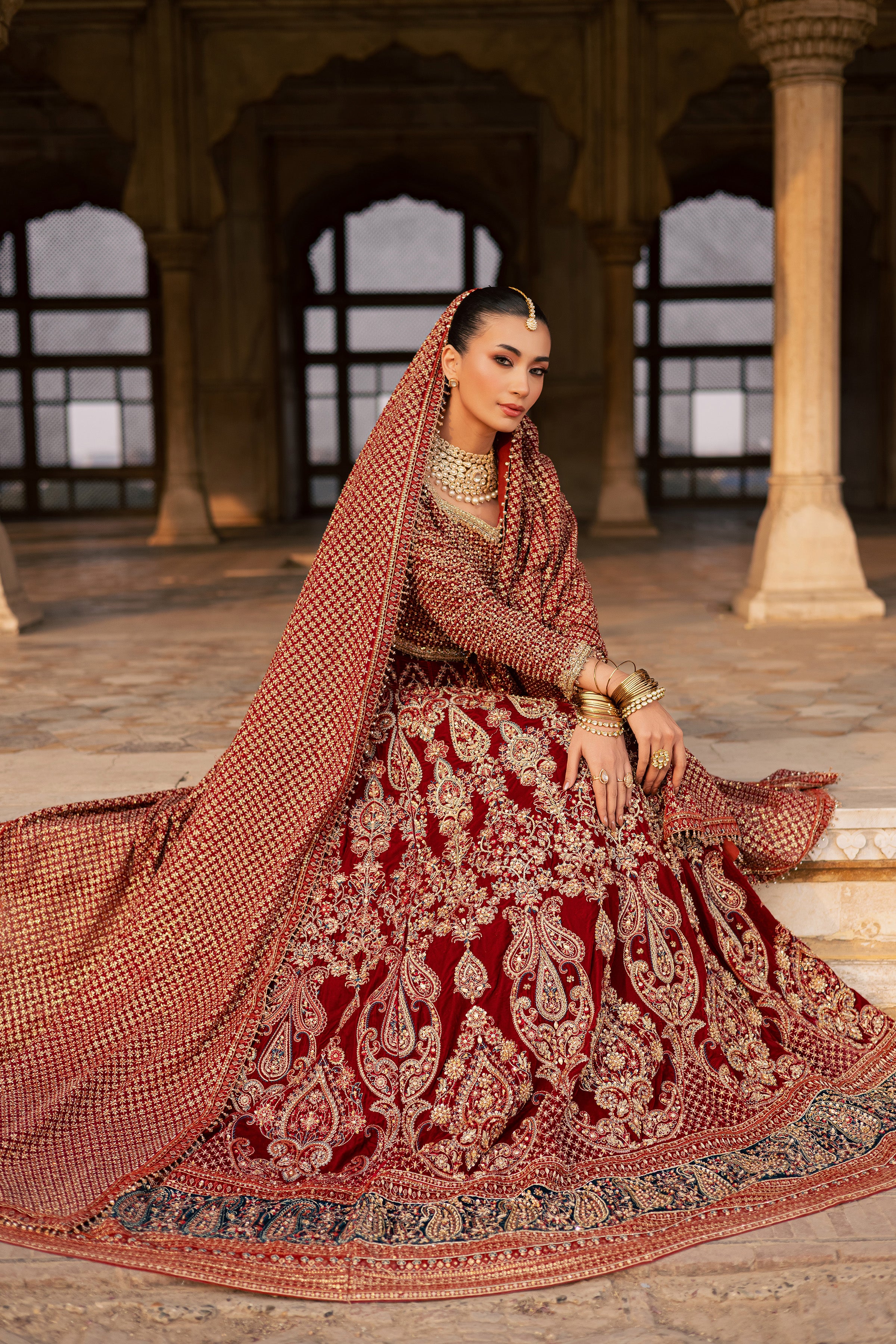 Laaj 3Pc - Bridal Dress BATIKSTUDIO2025 BATIK S / Maroon / Velvet-M / Maroon / Velvet-L / Maroon / Velvet