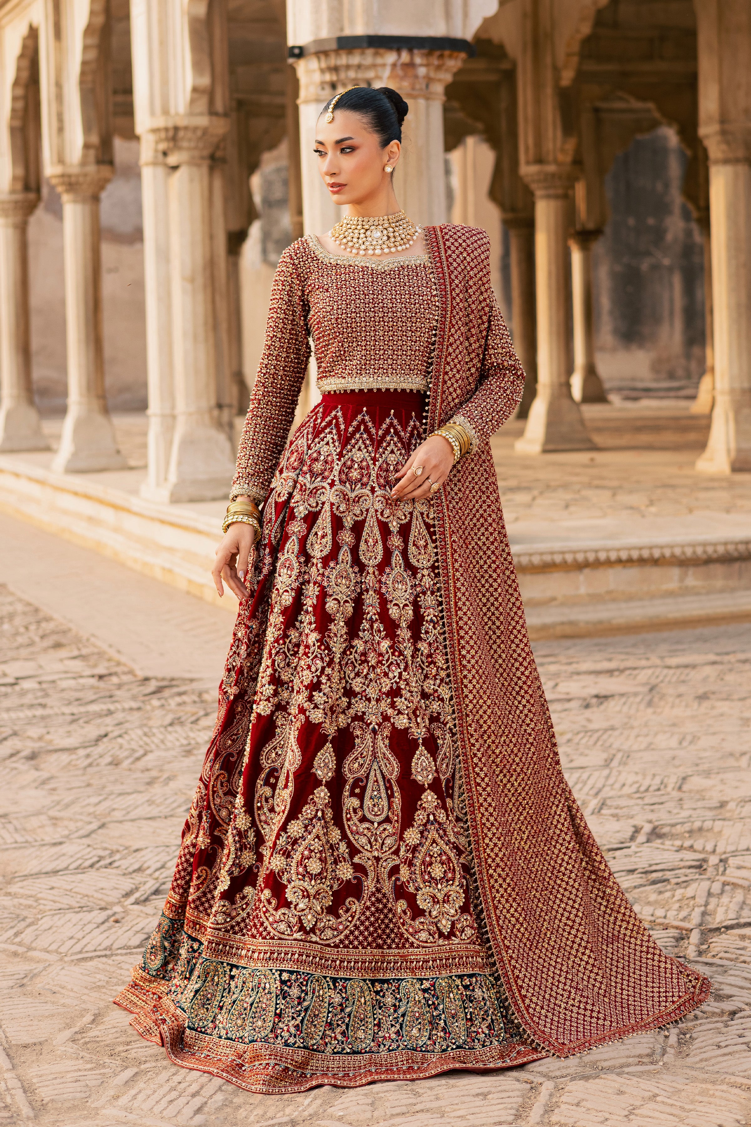 Laaj 3Pc - Bridal Dress BATIKSTUDIO2025 BATIK S / Maroon / Velvet-M / Maroon / Velvet-L / Maroon / Velvet