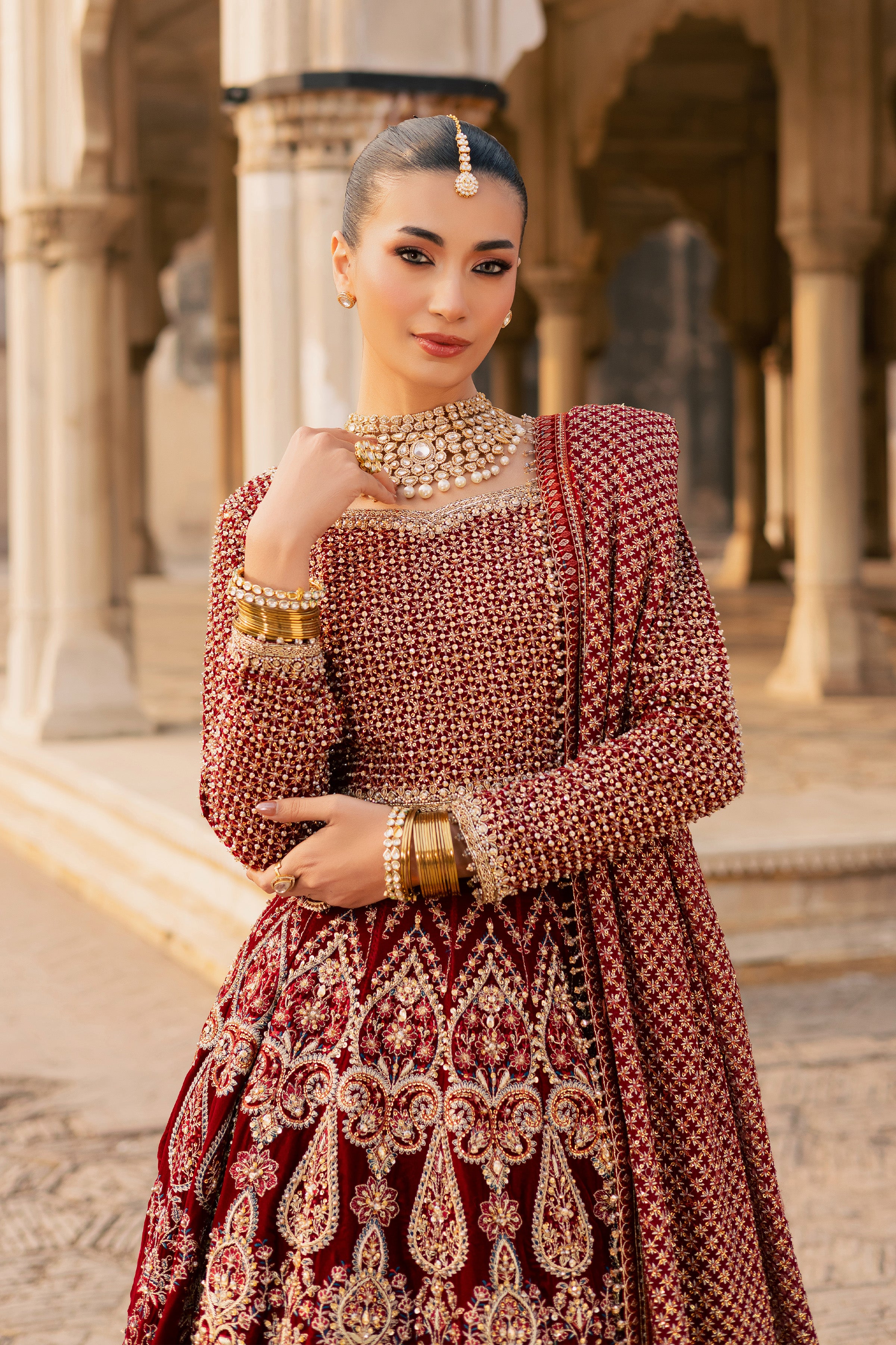 Laaj 3Pc - Bridal Dress BATIKSTUDIO2025 BATIK S / Maroon / Velvet-M / Maroon / Velvet-L / Maroon / Velvet