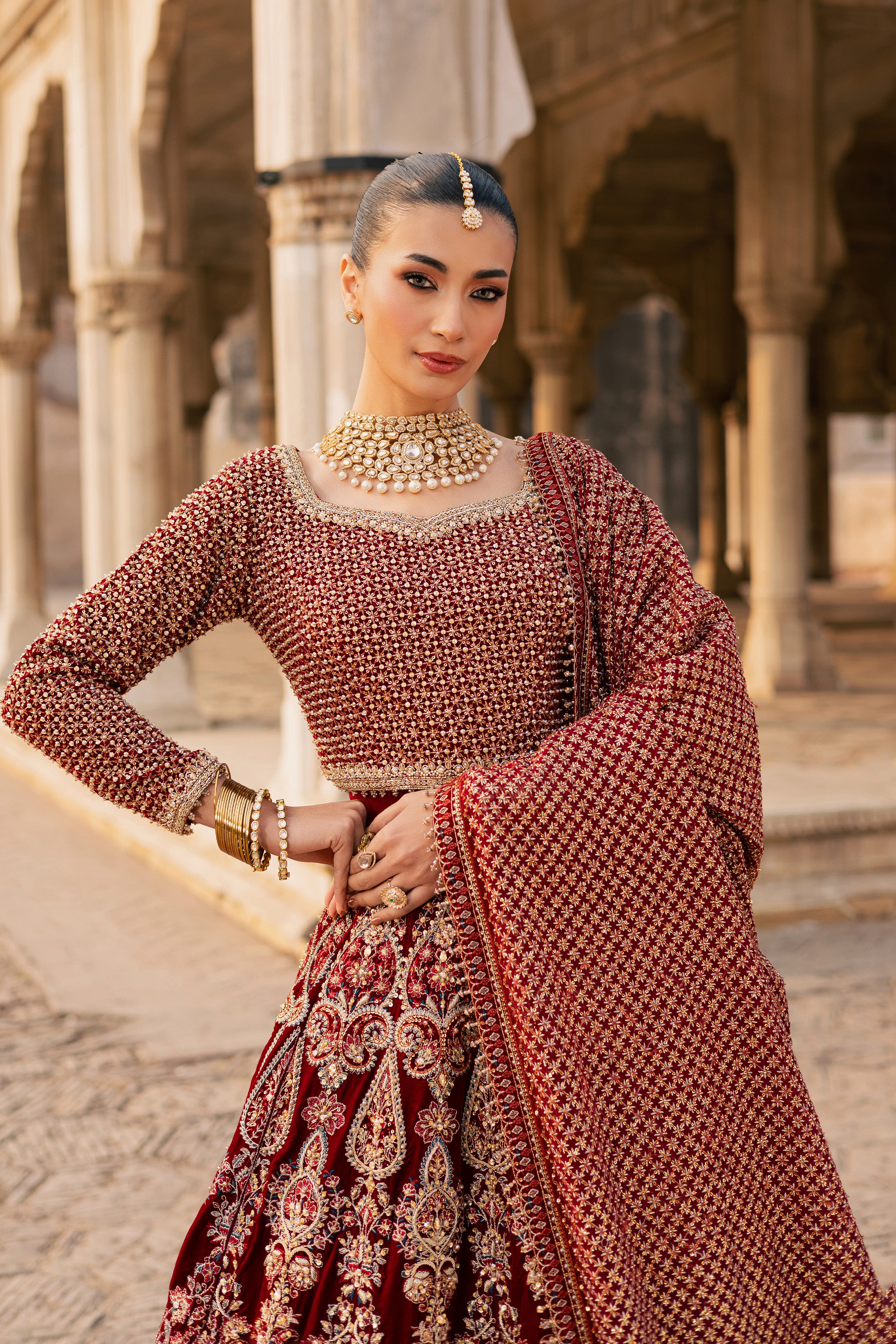 Laaj 3Pc - Bridal Dress BATIKSTUDIO2025 BATIK S / Maroon / Velvet-M / Maroon / Velvet-L / Maroon / Velvet
